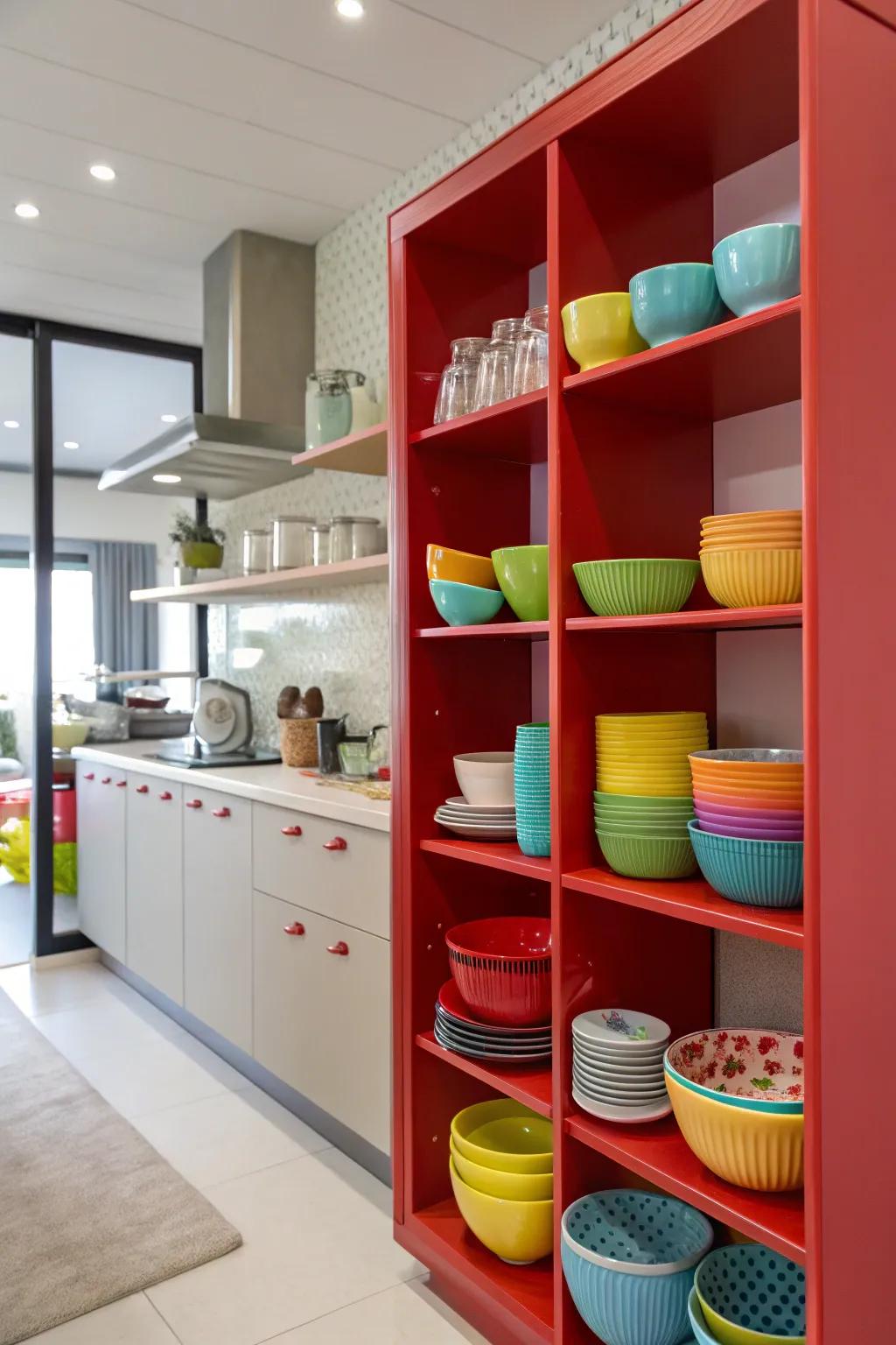 Crimson display shelving adding both color and utility.