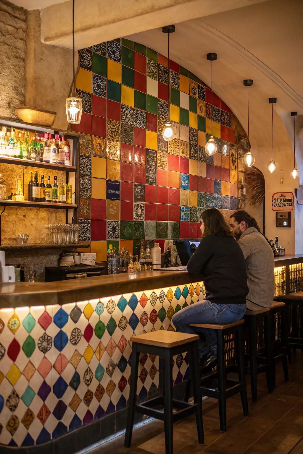 A bright backsplash introduces vibrancy and style to a compact restaurant bar.