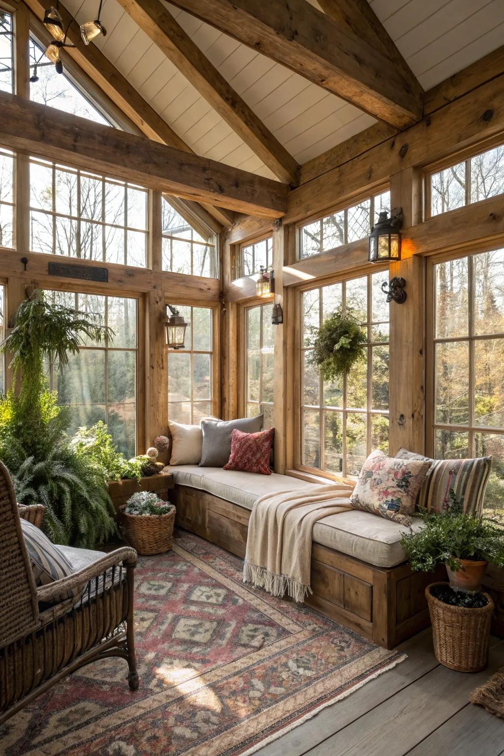 A cozy relaxation space offers a perfect spot for relaxation in this country-style sunroom.
