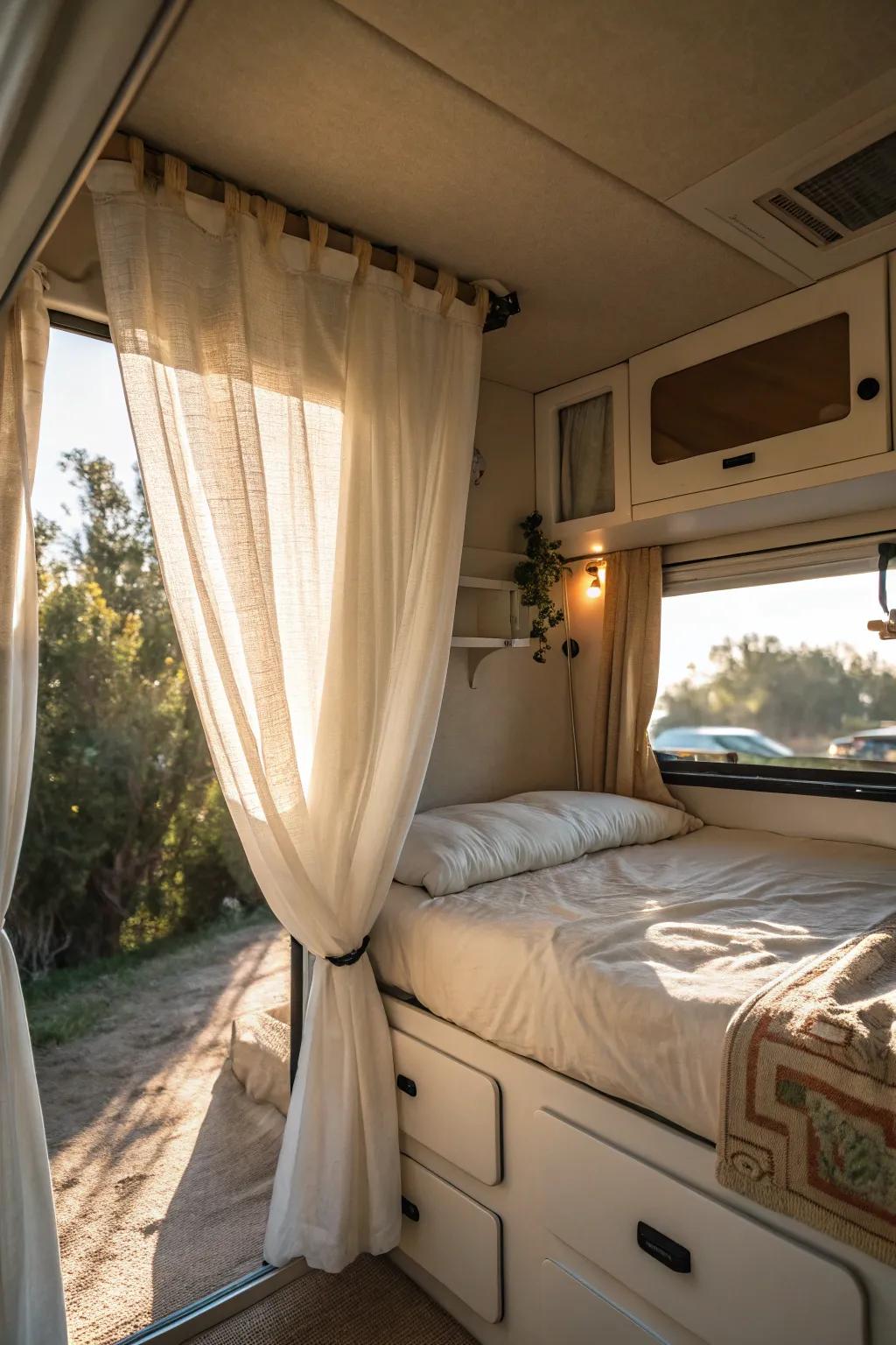 Lightweight curtains offer privacy while allowing natural light to enter.