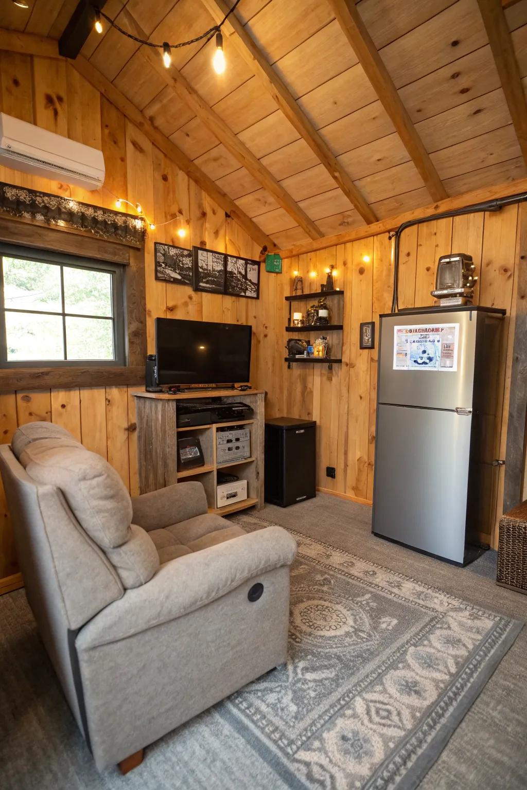 A cozy personal hideaway inside a small shed.