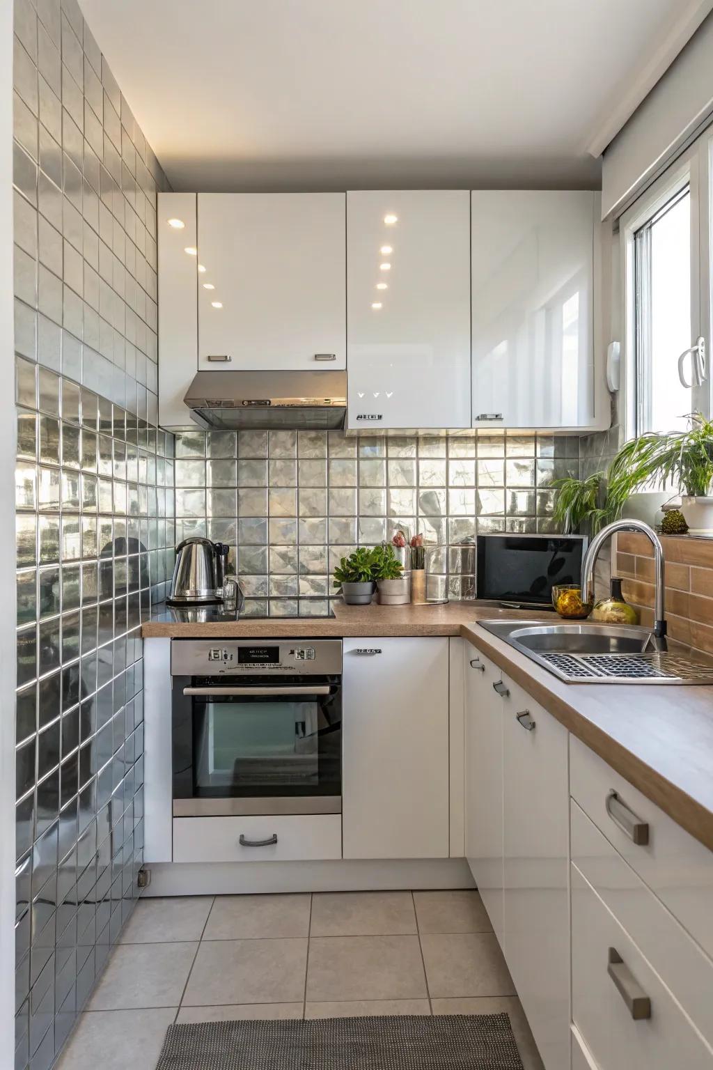 Reflective tiles make a small kitchen feel more expansive.