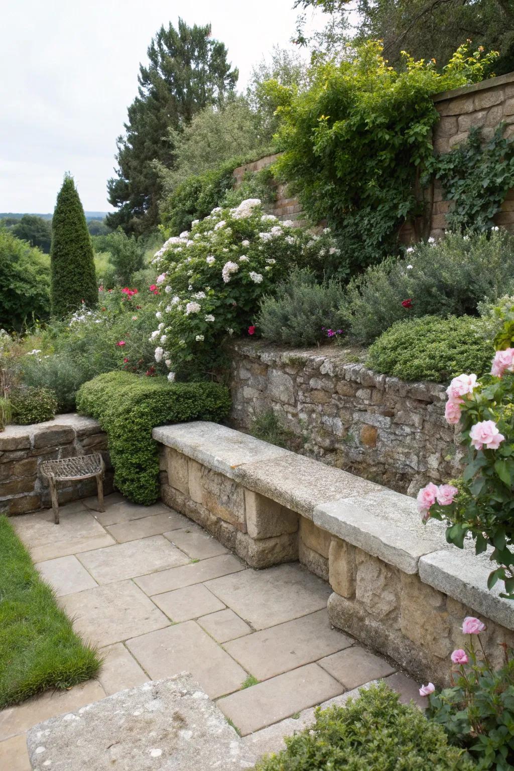 A multi-purpose rock wall that serves as both seating and decoration.