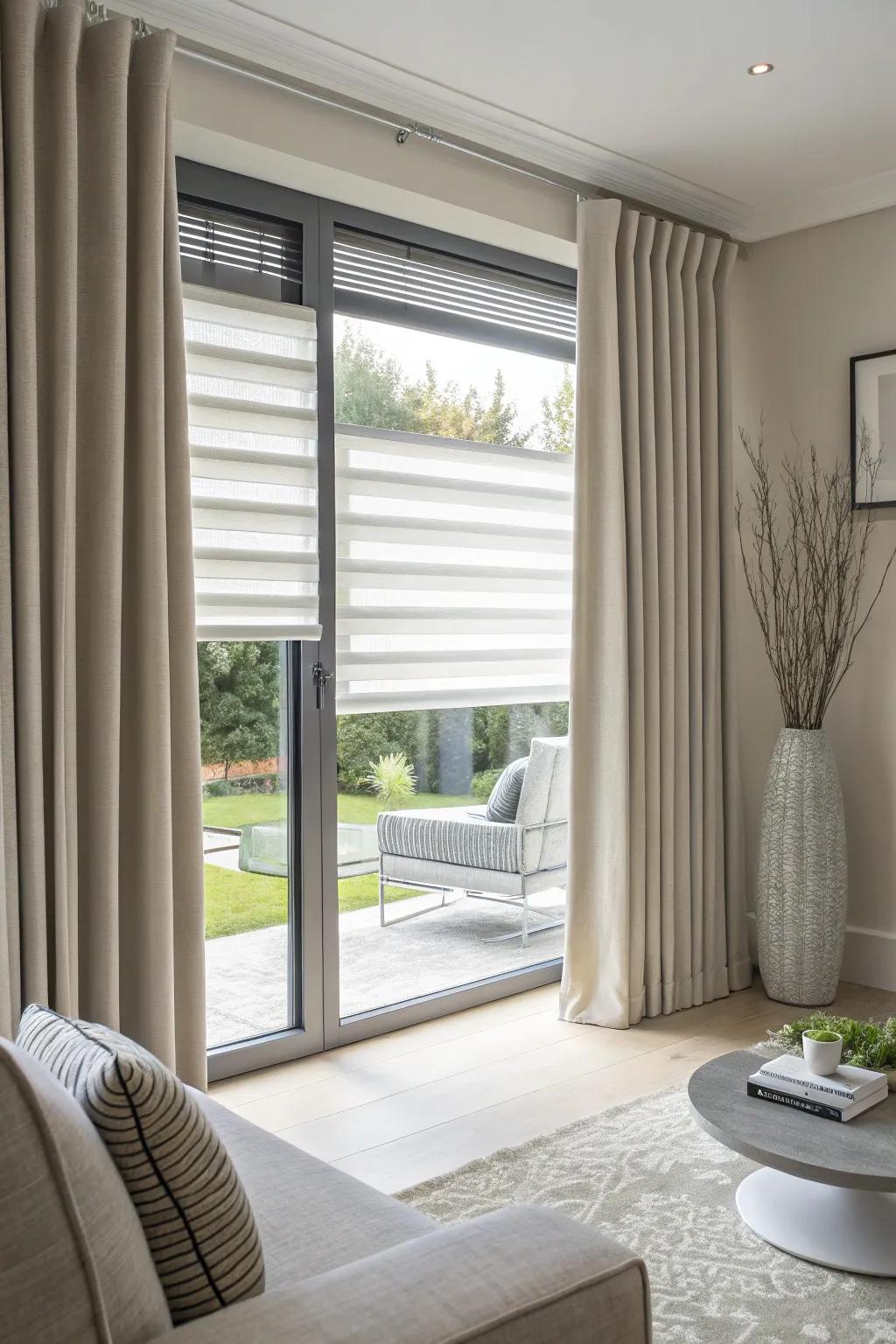 Mechanized blinds amalgamate amenity with contemporary design.