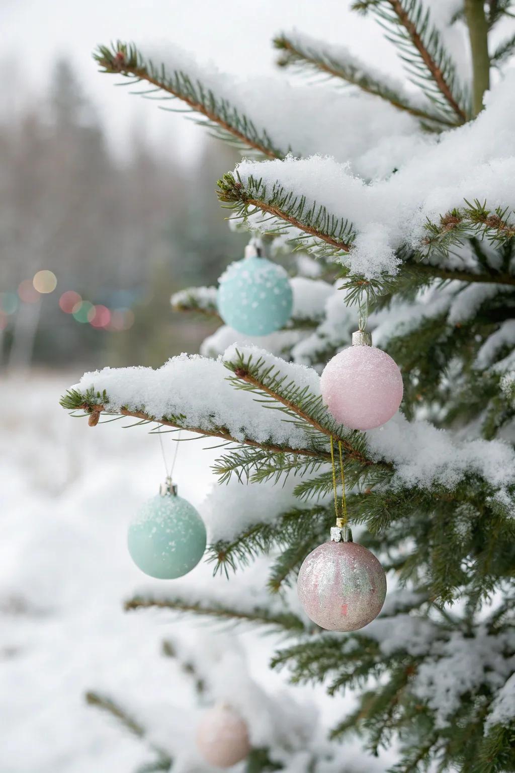 Soft-colored ornaments adding a whimsical touch to a snowy Christmas tree.