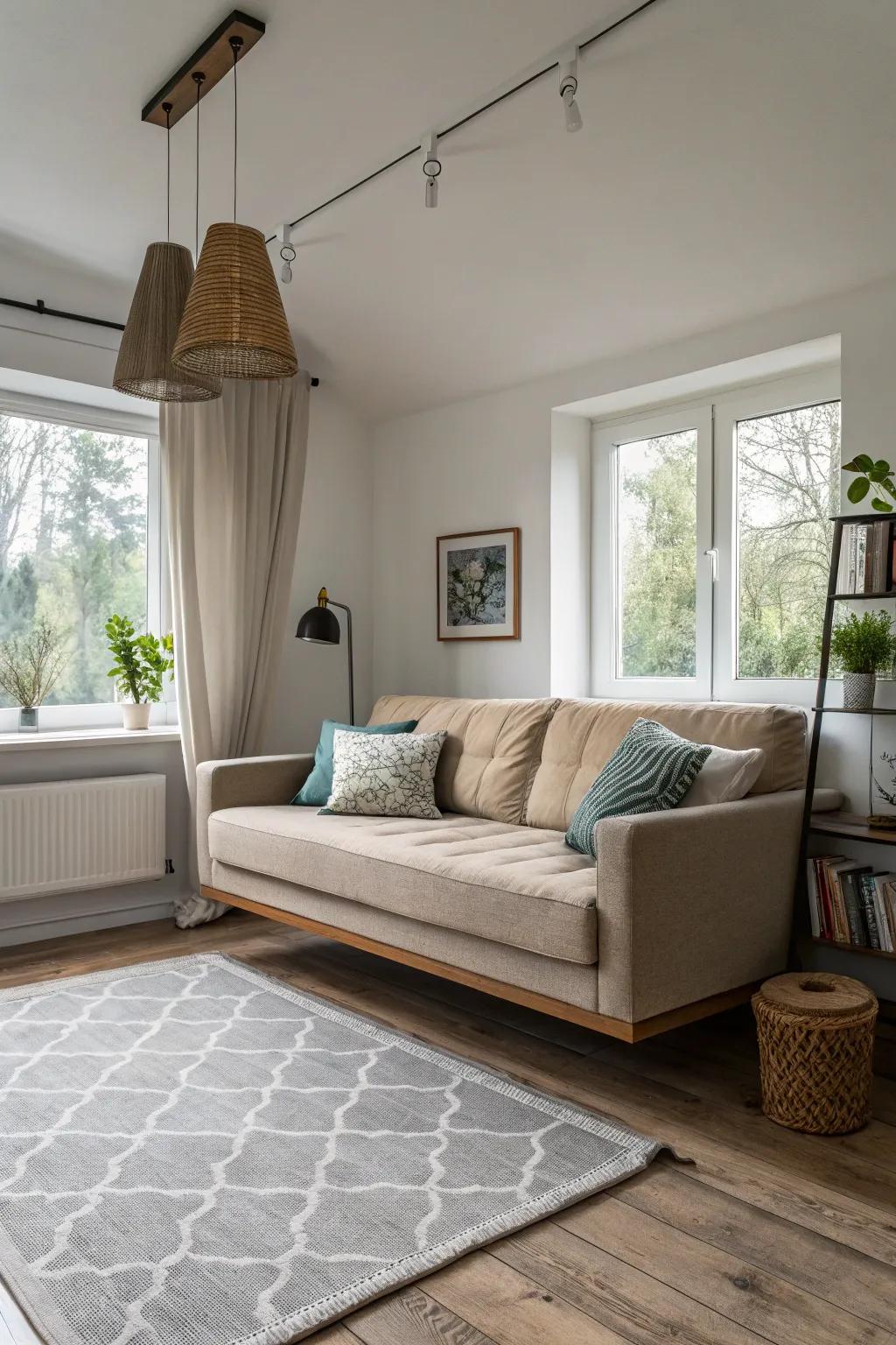 A elevated sofa with visible legs gives the illusion of more space.