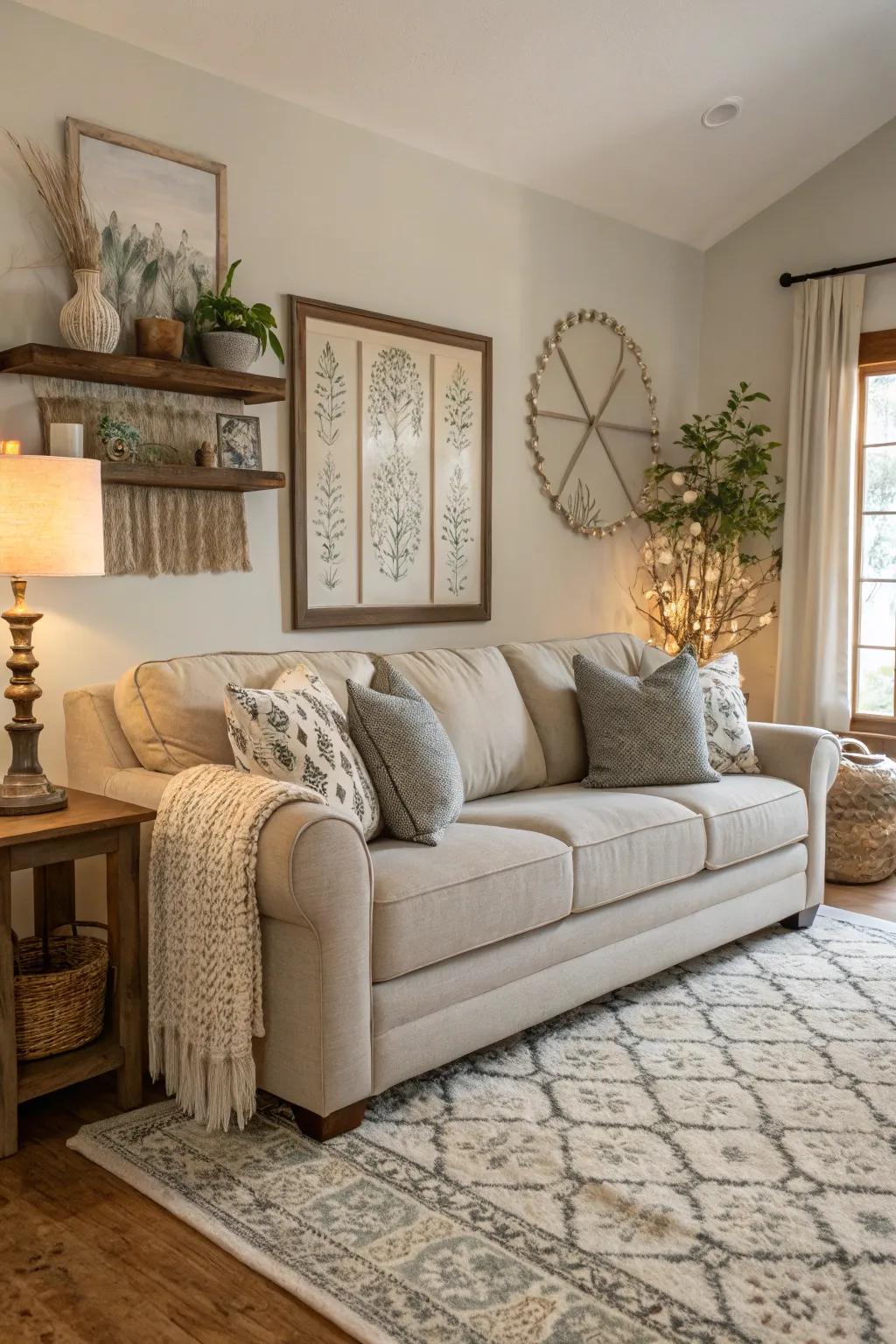 Neutral-toned sofas provide a serene and calming atmosphere.