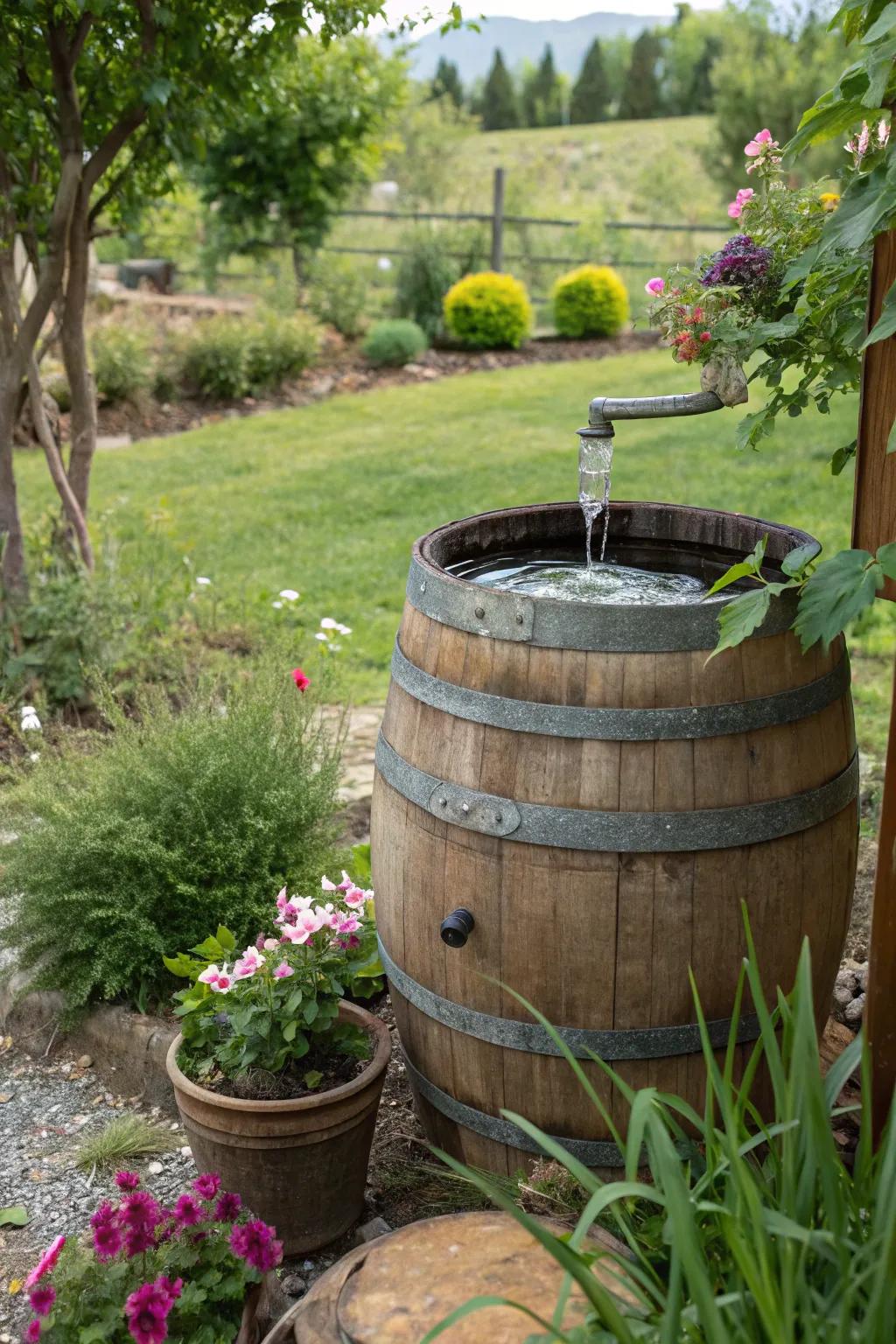 A vintage wine barrel transformed into a charming solar fountain.
