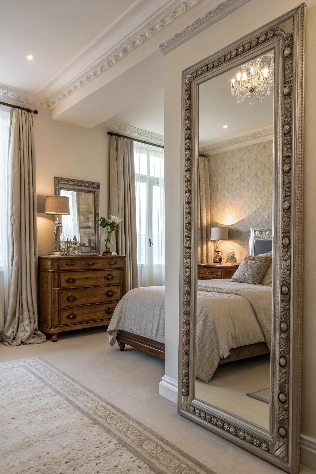 Mirrors enhance light and area, adding depth to smaller bedrooms.