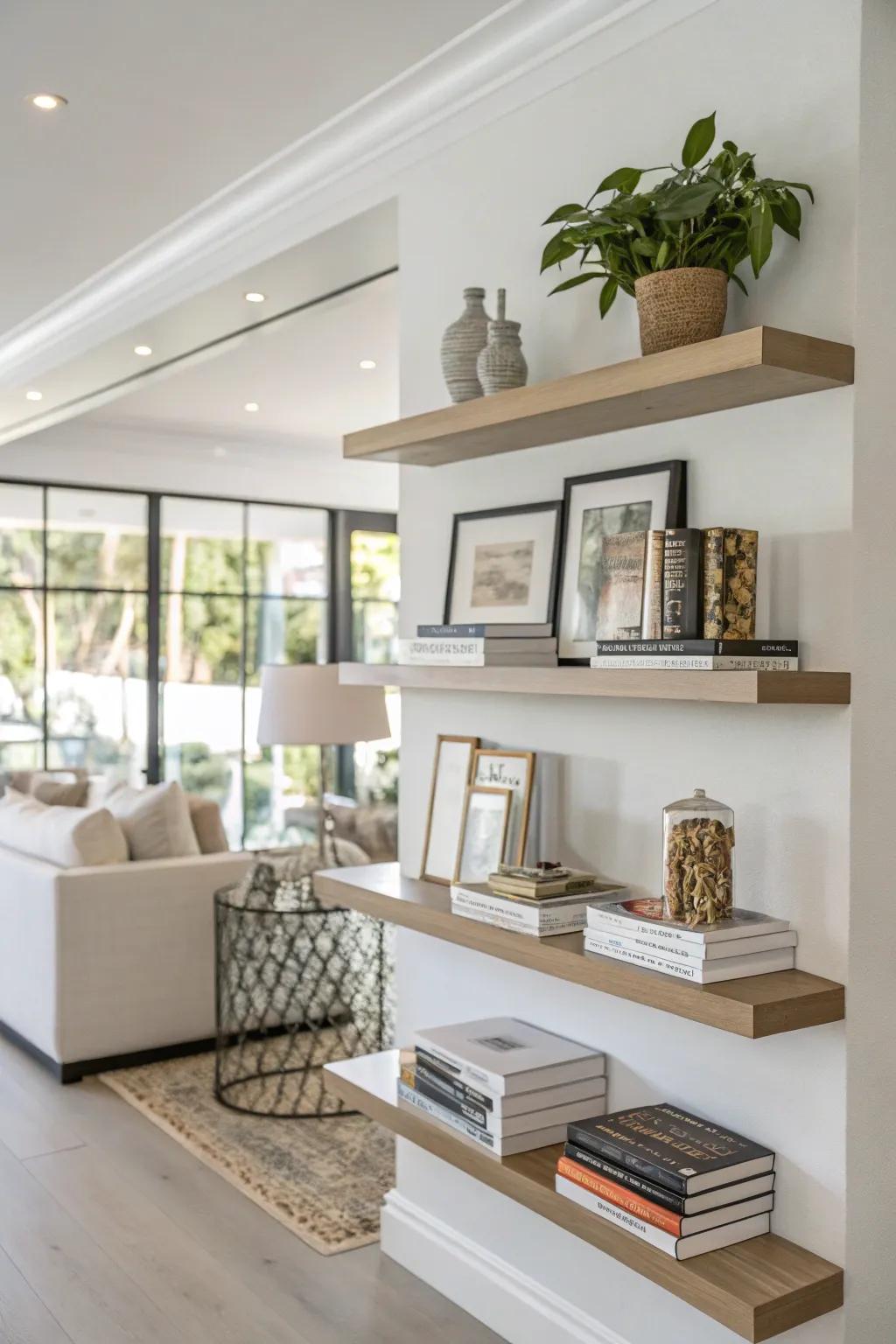 Without taking up floor space, floating shelves add flair.
