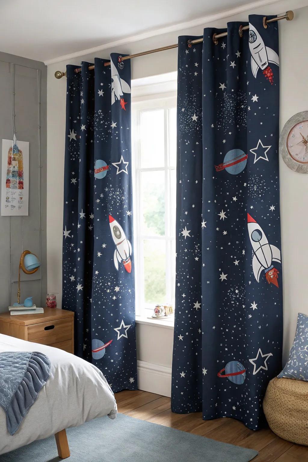 Space-themed curtains that enhance the room's aesthetic.