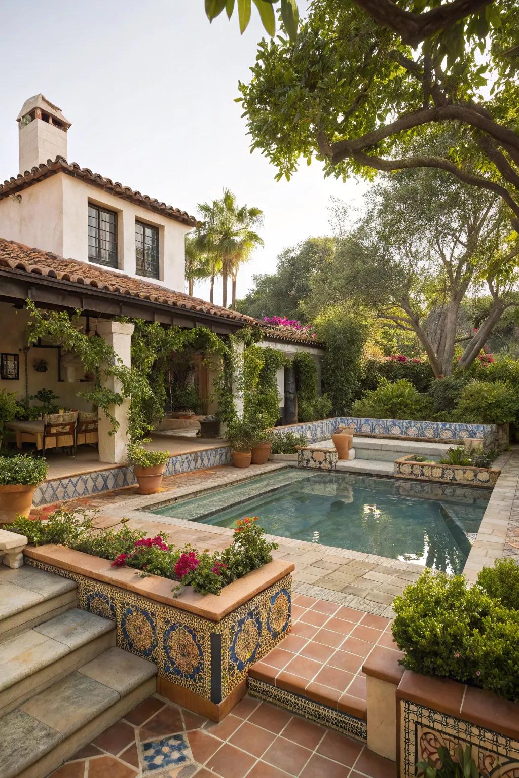 Built-in seating areas offer a seamless look in this Spanish-style backyard.