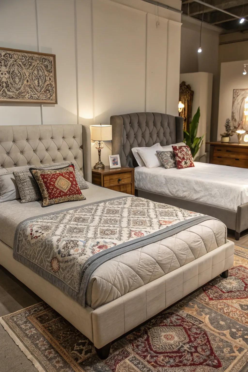 Different bed styles creating distinct personal spaces.