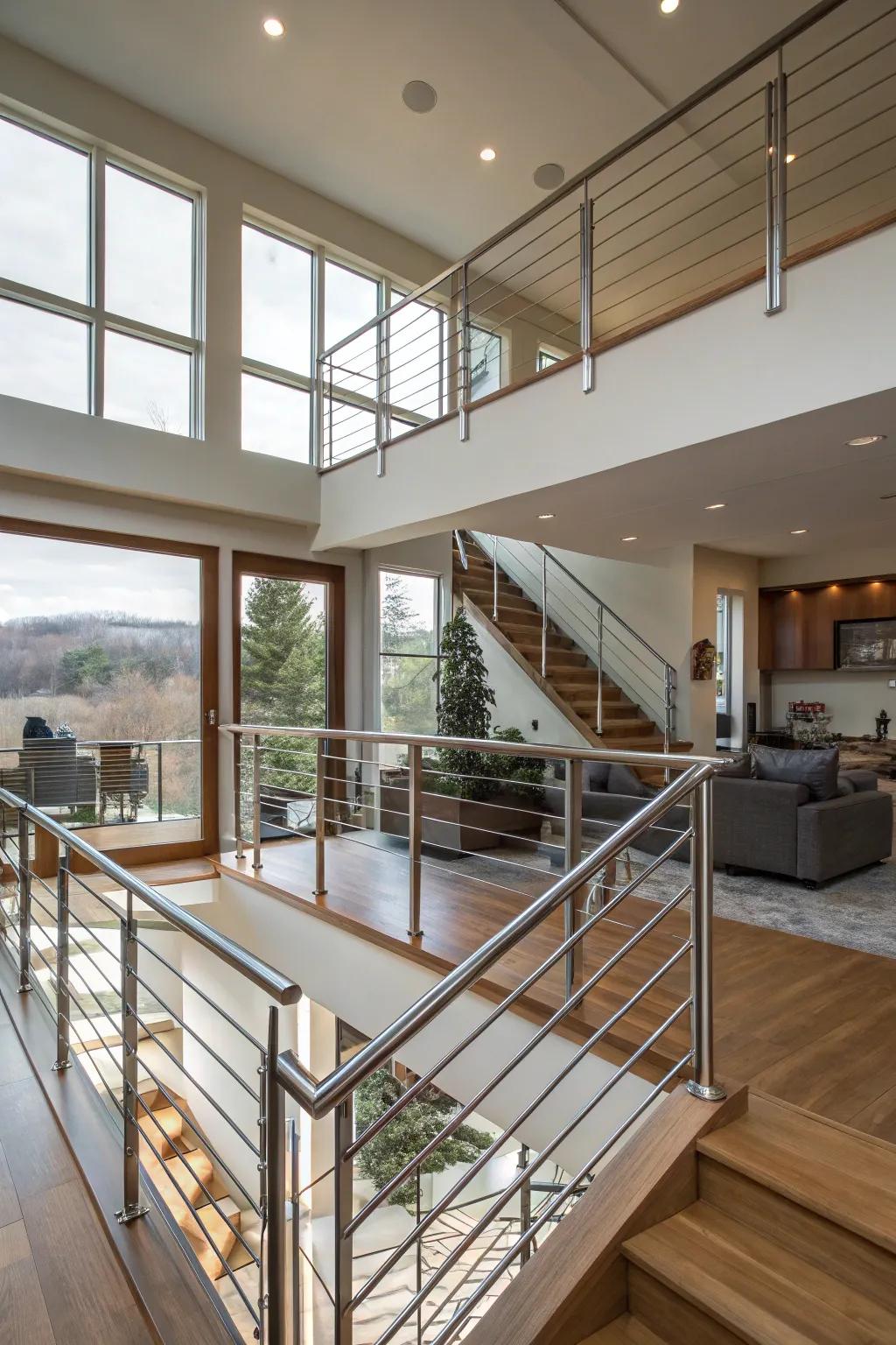 Modern stainless steel railings add sophistication to a split-level home.