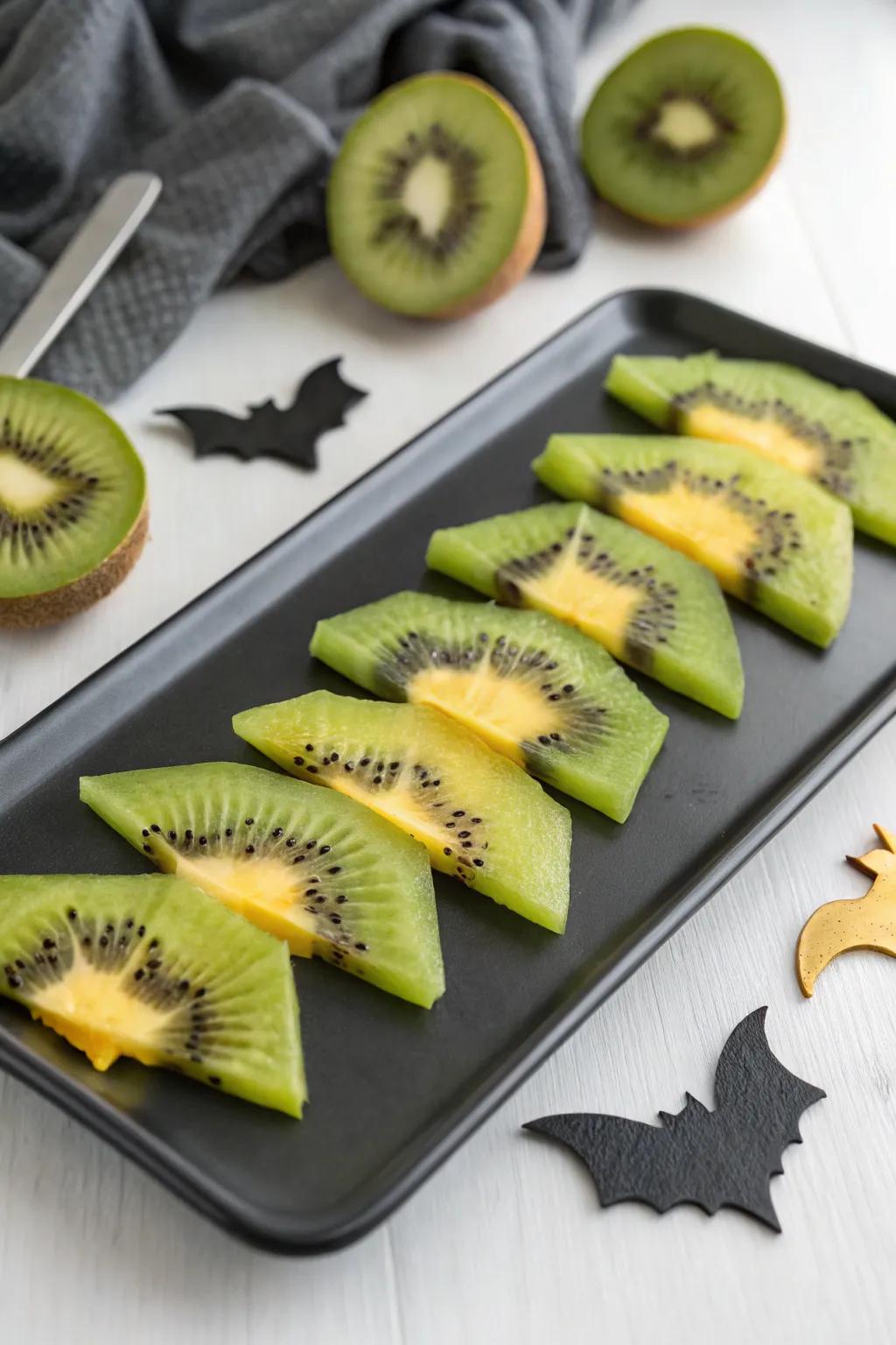 Bat wing kiwi slices introducing a note of elegance to spooky snacking.
