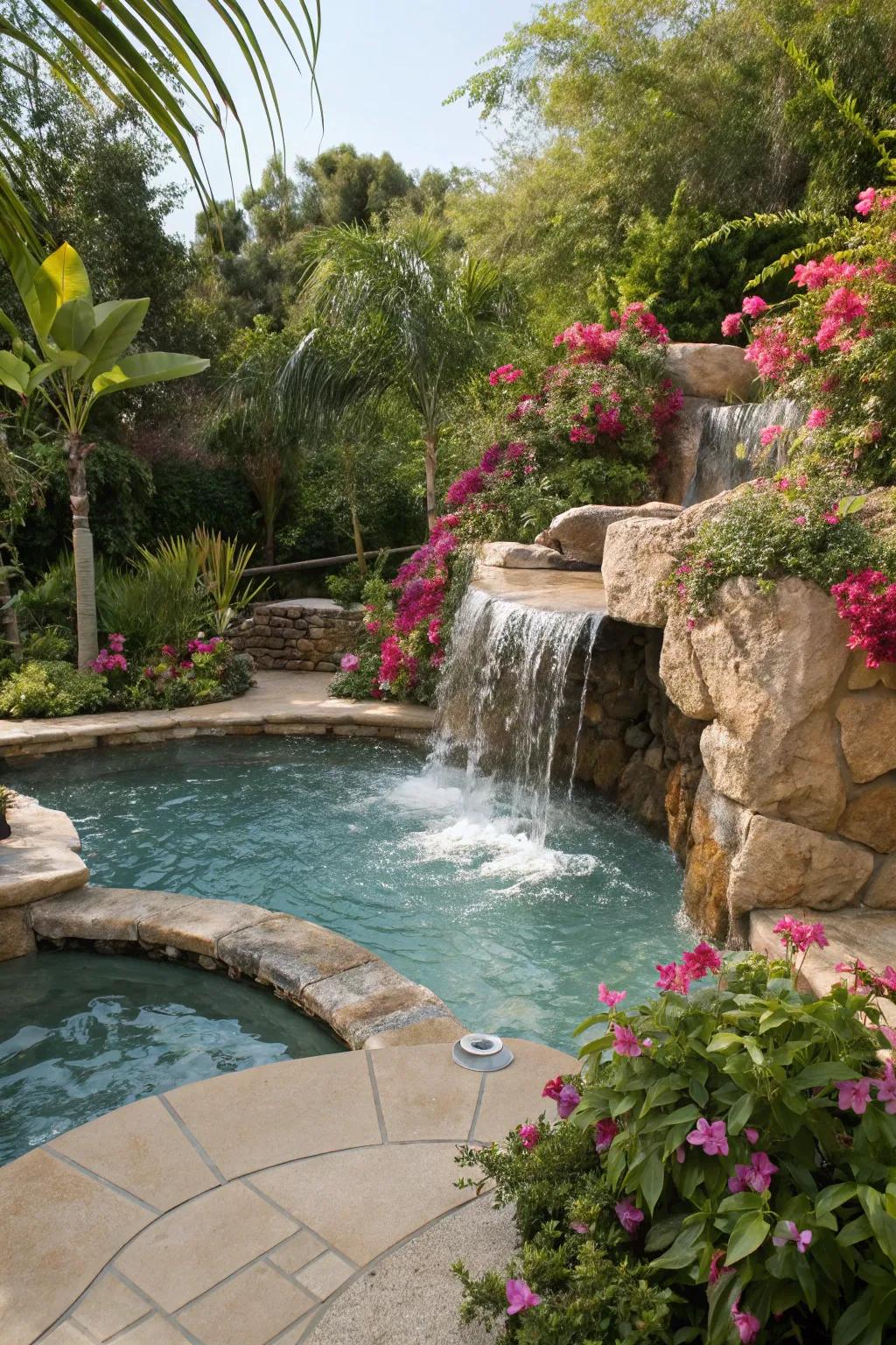 Design a tranquil setting using a waterfall spool pool.