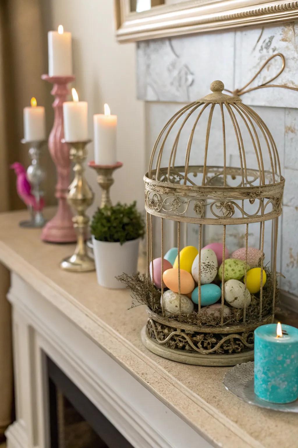 A birdcage display lends an unexpected element to the mantel.
