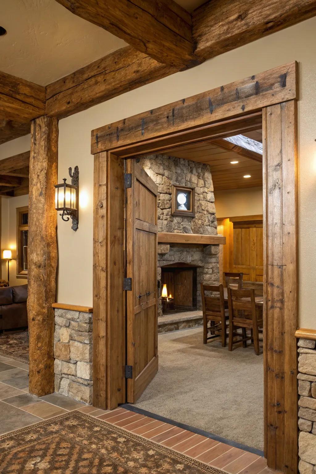 Rustic allure introduced using distressed wood trim.