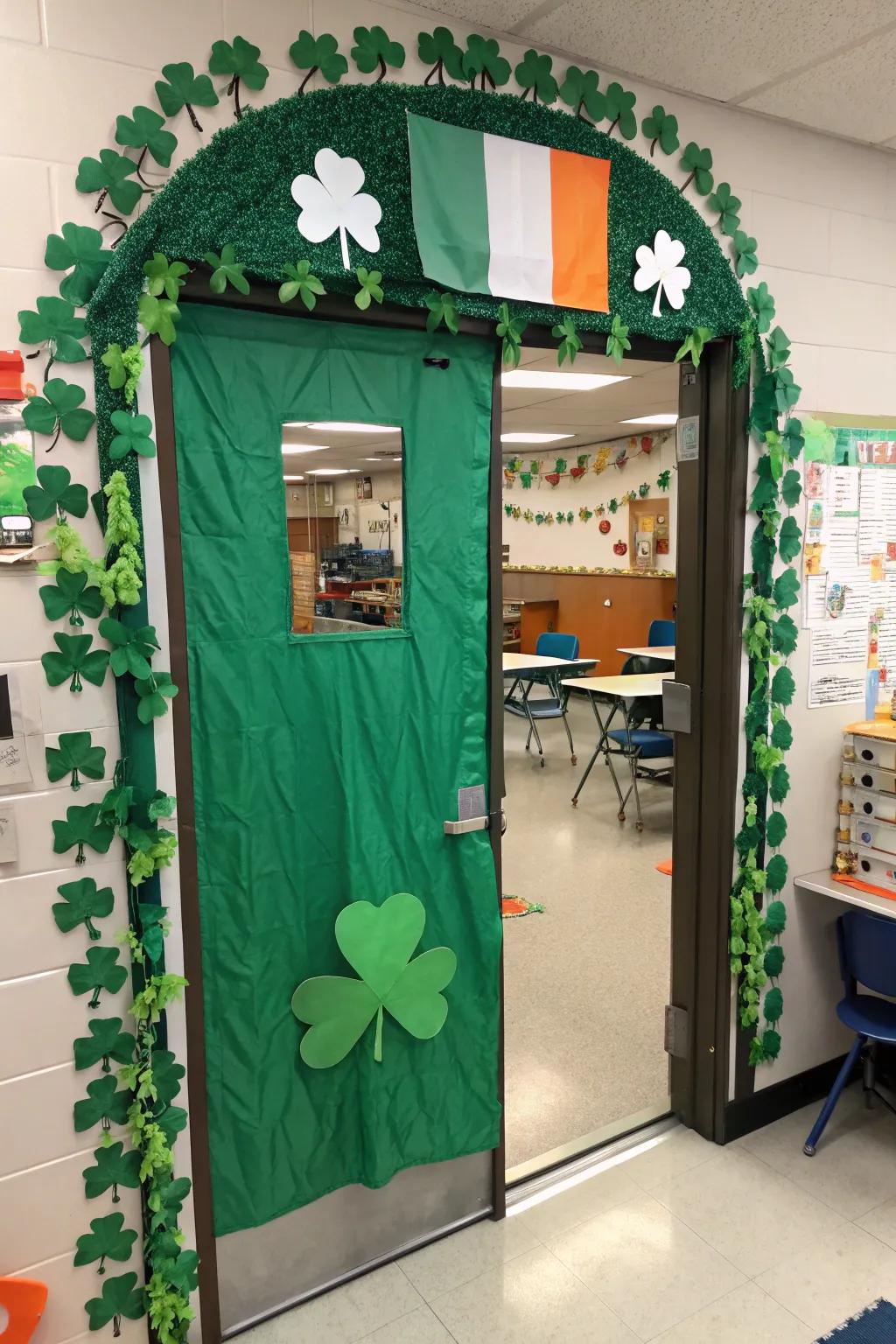 A classroom door transformed into a gateway to the Emerald Land using lush green scenery.