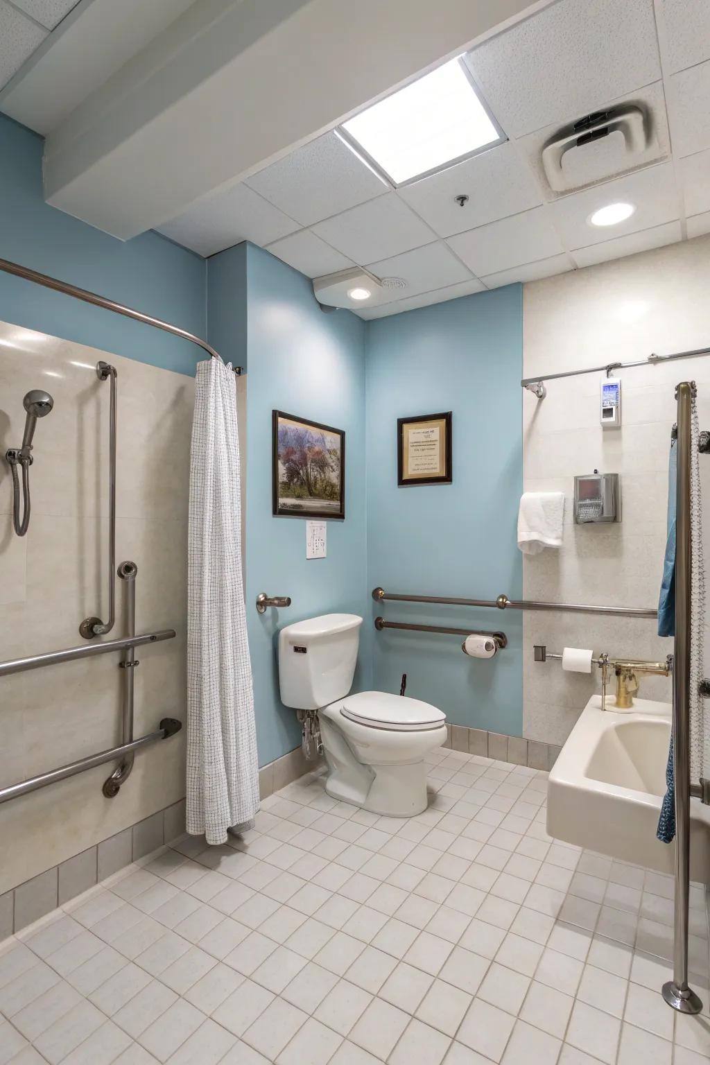 Inclusive features make the bathroom accessible and comfortable for everyone.