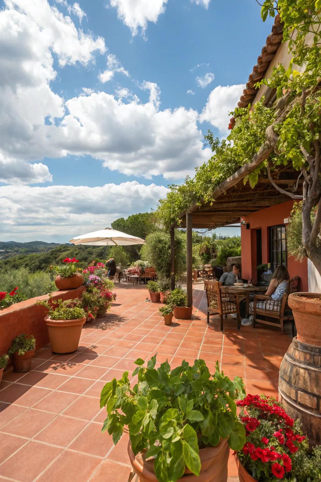 A Tuscan-inspired patio with toasty terracotta concrete stains.