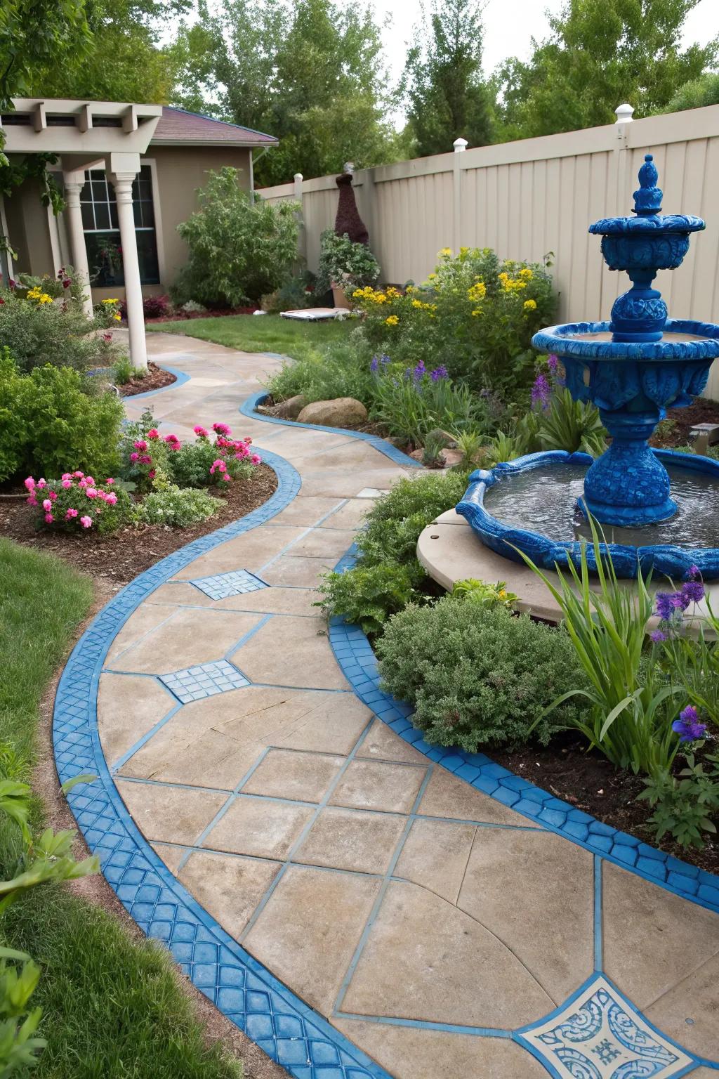 Lively blue embellishments bring playful color to this garden.