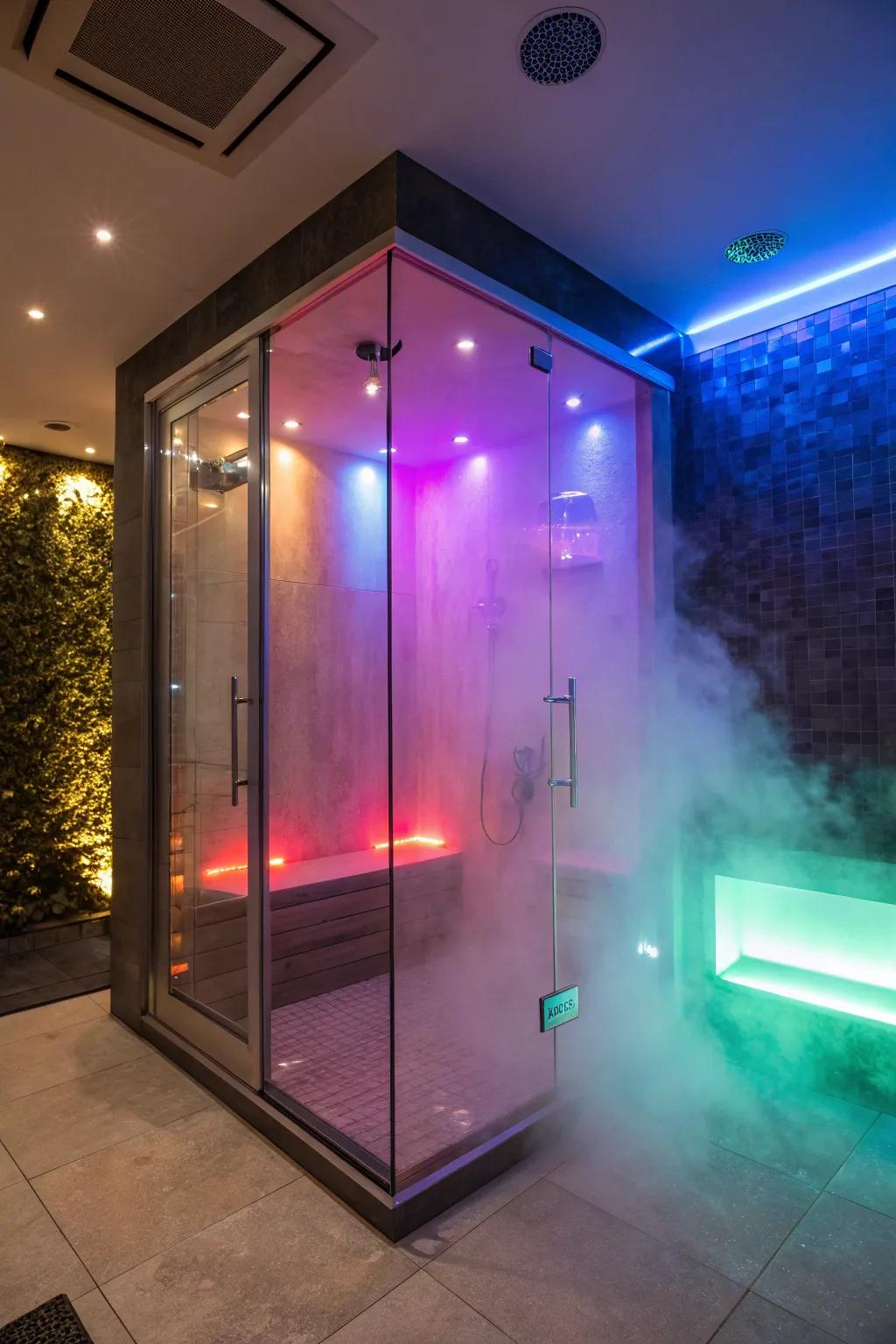 Color therapy lighting adds a personalized element to steam showers.