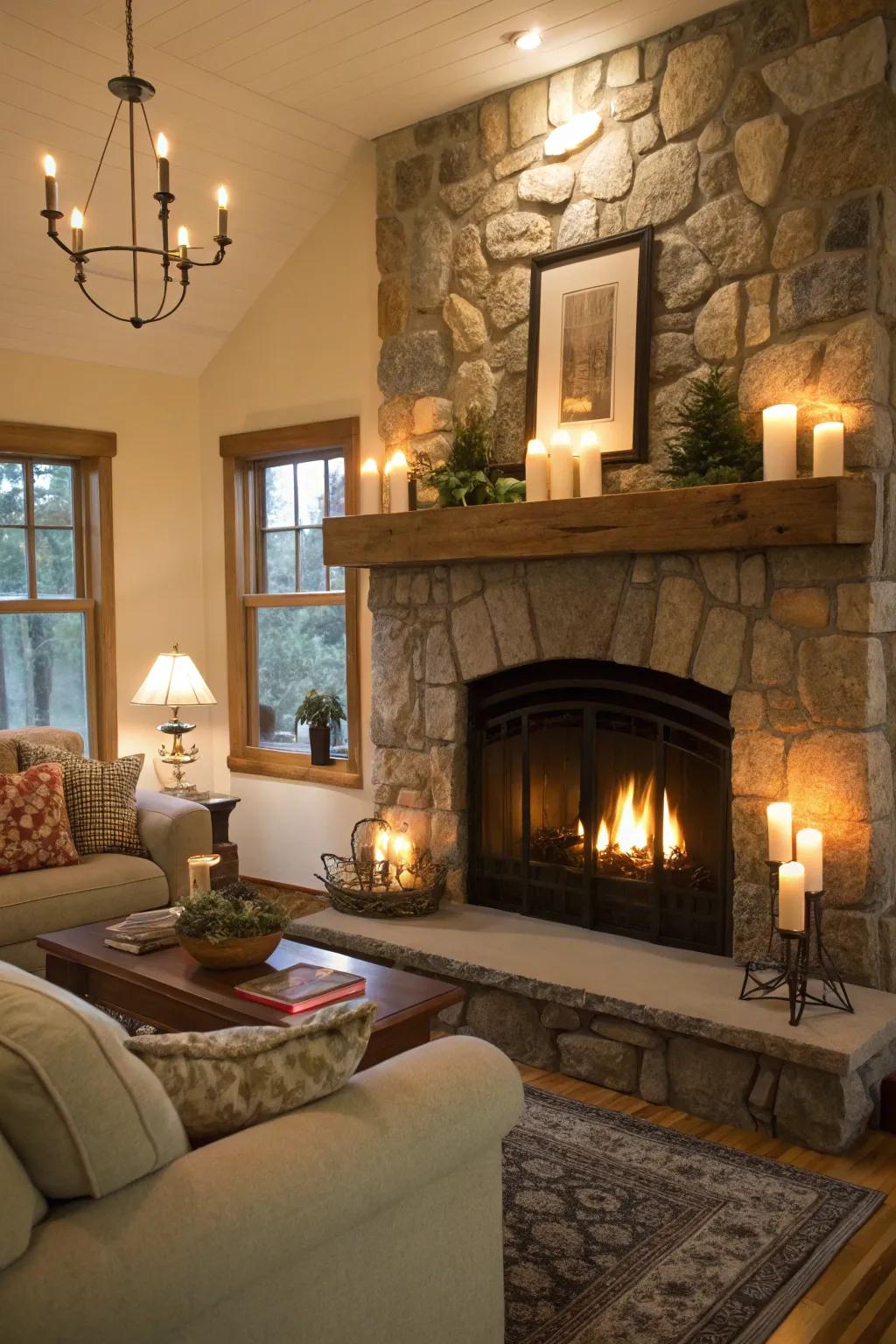 An inviting area showcases a stone fireplace and a candlelit mantel.
