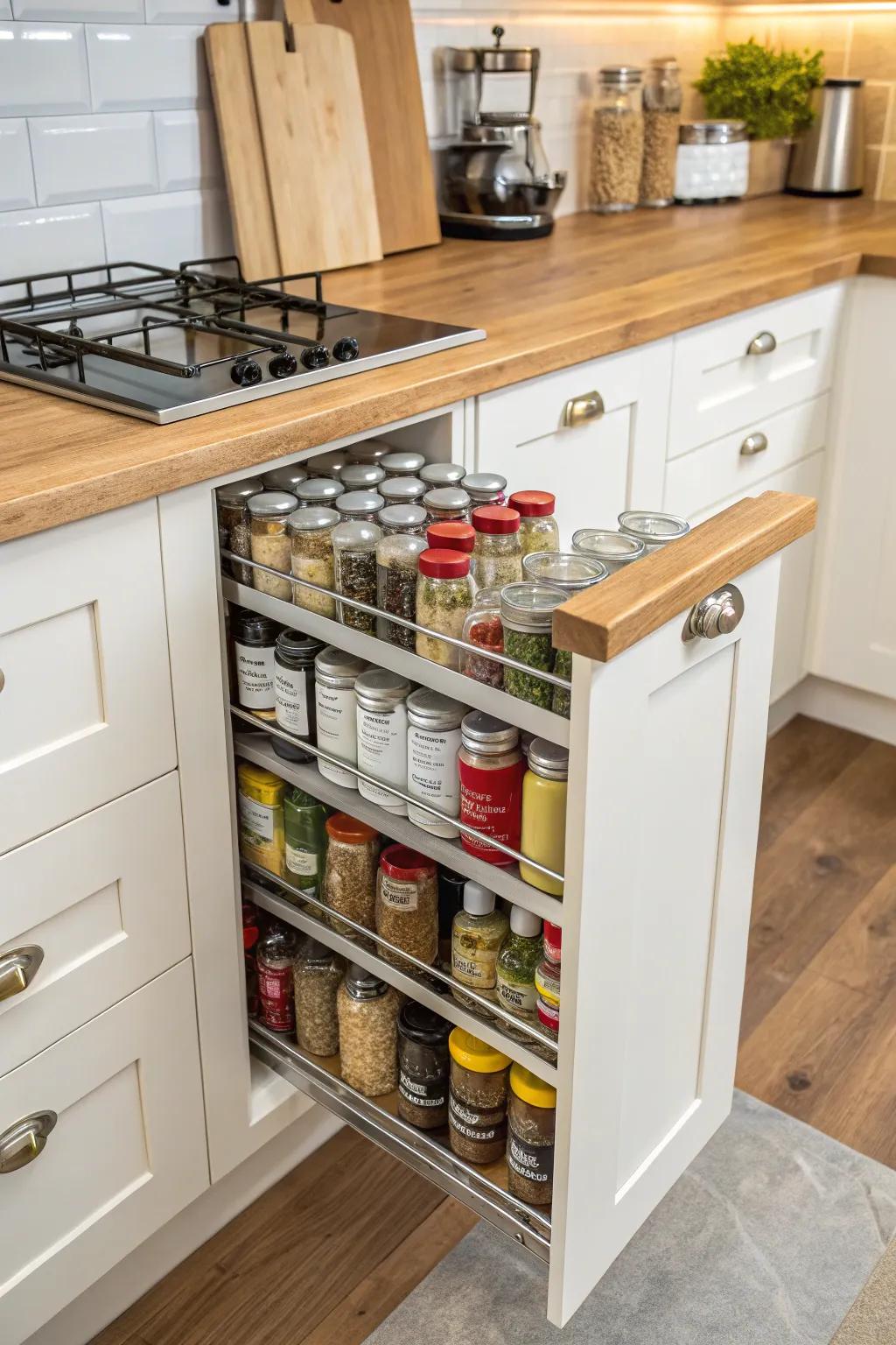 Keep your spices organized with a hidden pull-out rack.