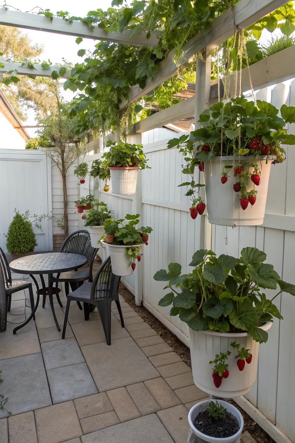 Strawberries suspended from upside-down planters.