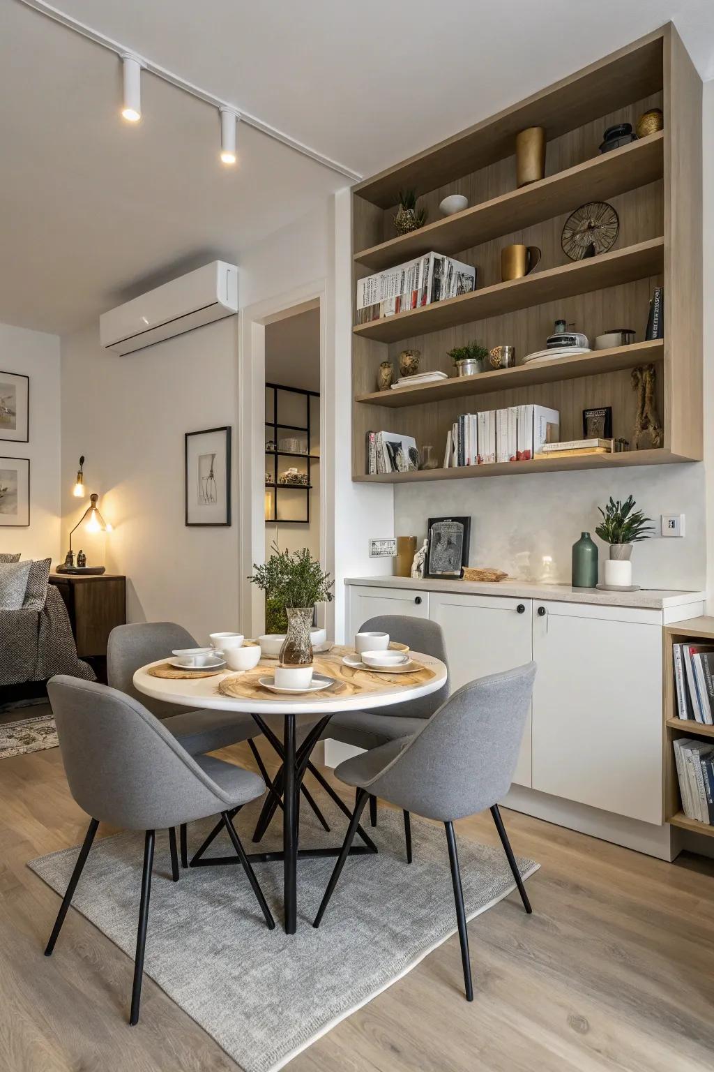 Tables featuring built-in storage keep dining areas tidy and effective.