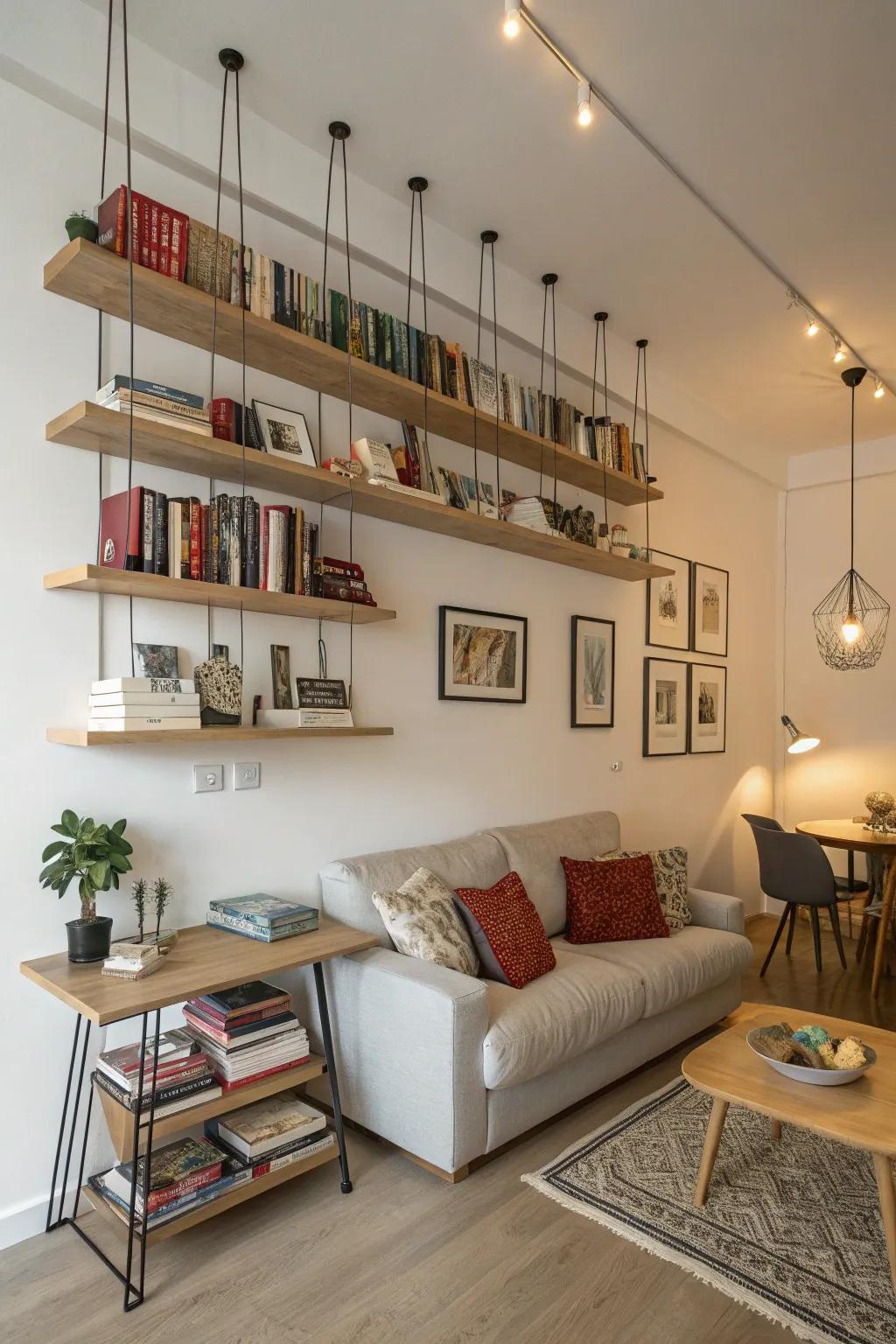 Floating shelves are a stylish storage option.