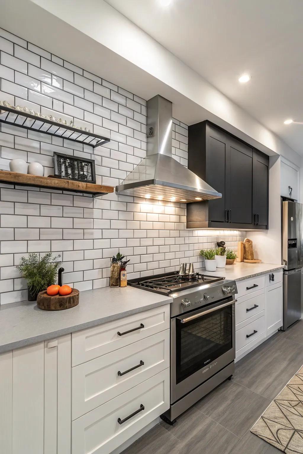 The tile pattern is emphasized by contrasting grout, which gives the kitchen more drama.