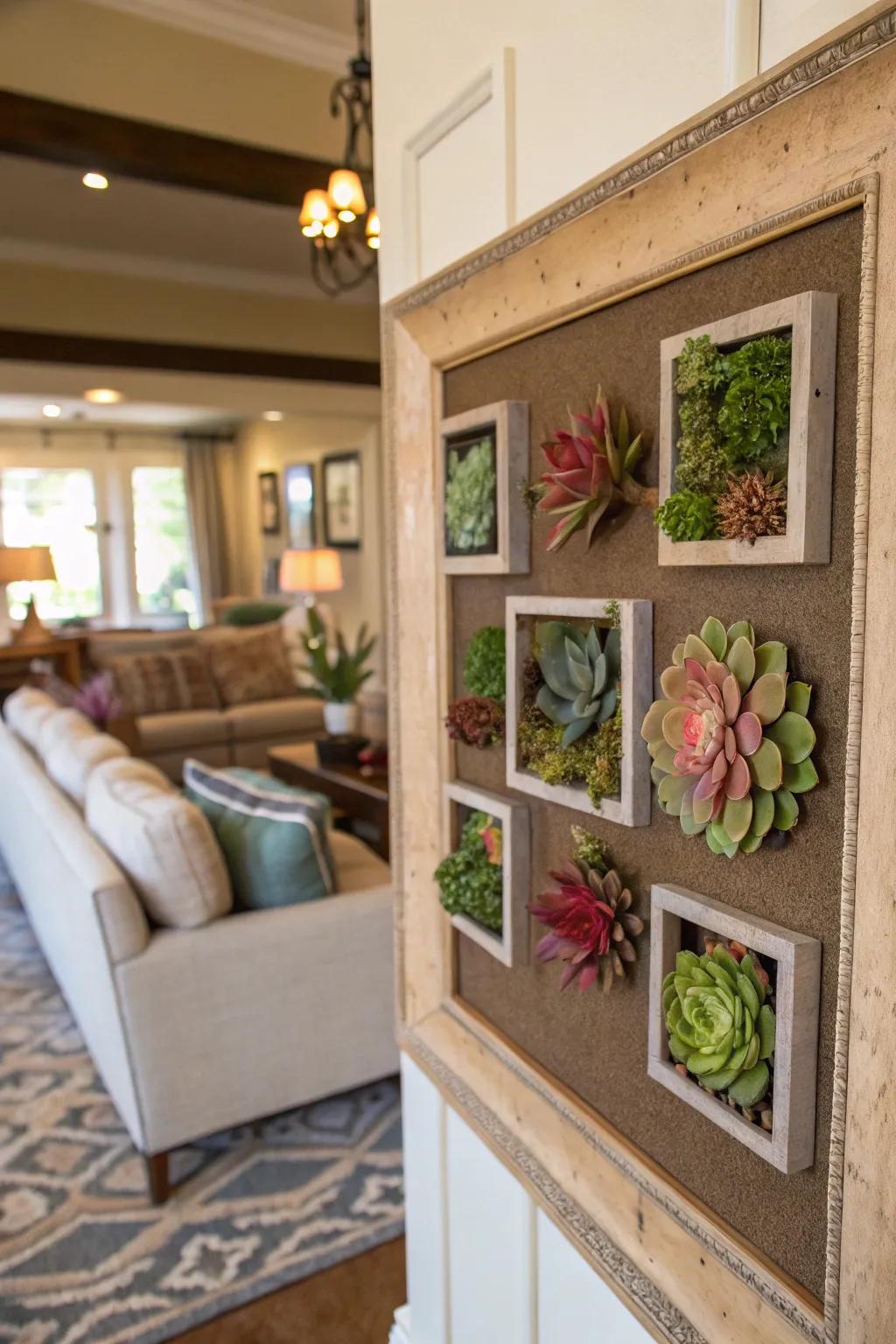 Display boxes featuring succulents amplify depth to your d&eacute;cor.