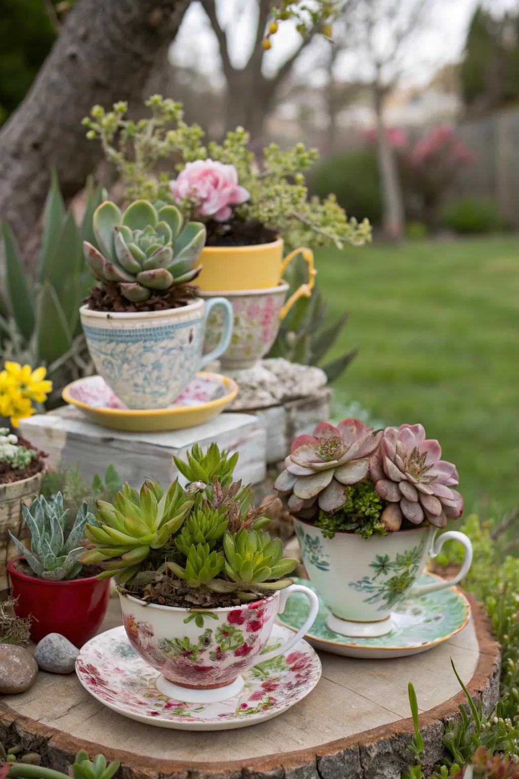 A whimsical and playful exhibit of succulents in divergent vesselware and beverage cups.