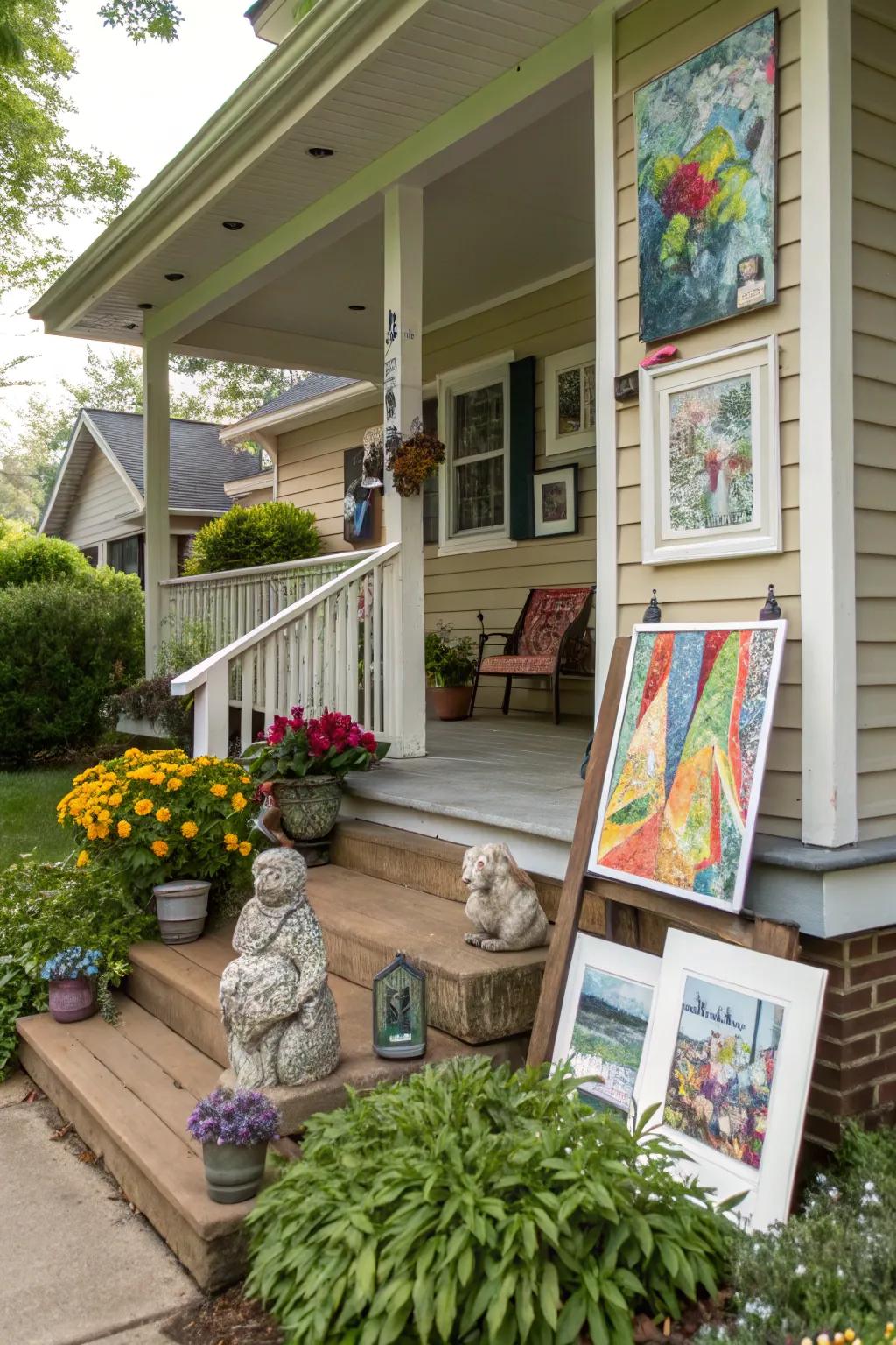 Exterior craftwork introduces a creative flair onto the porch.