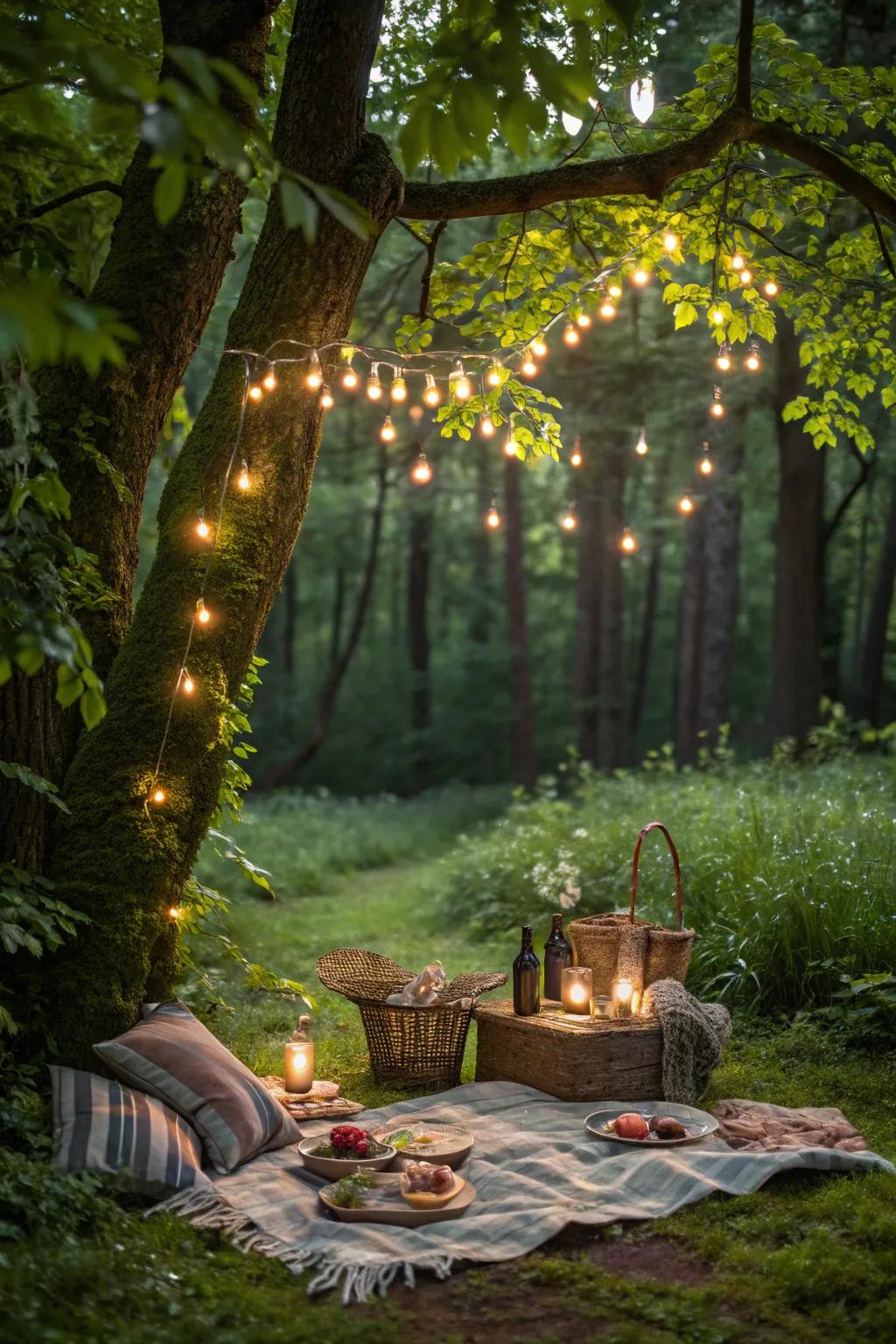 An bewitched forest picnic featuring a serene and magical atmosphere.