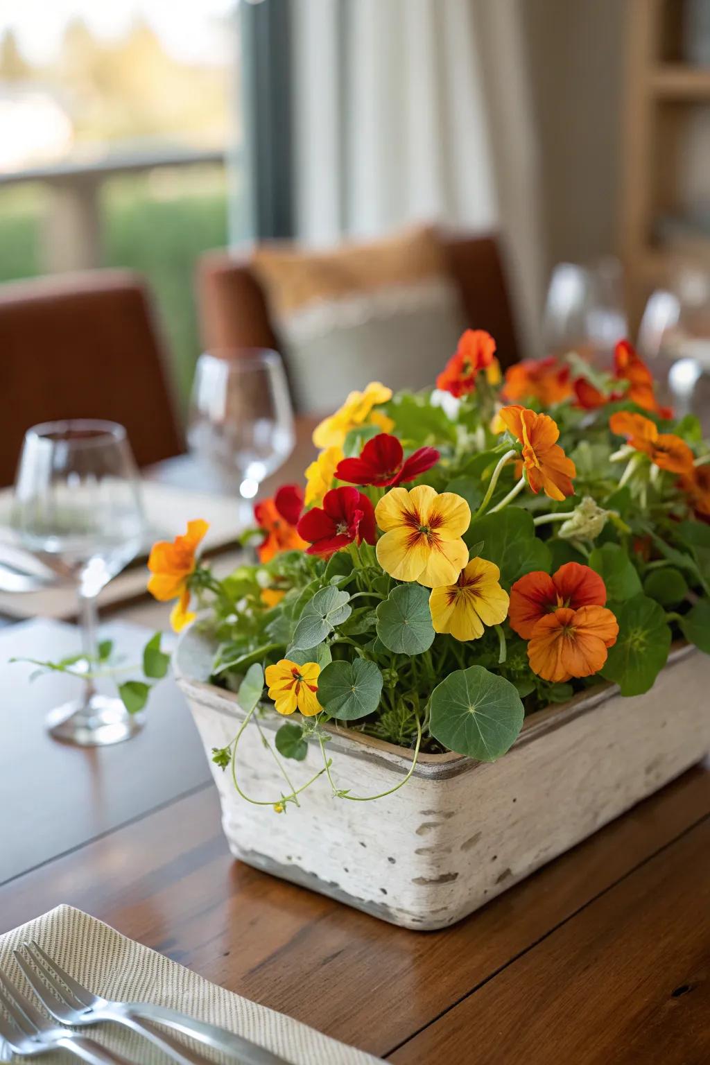 Edible flowers showcased in a decorative planter