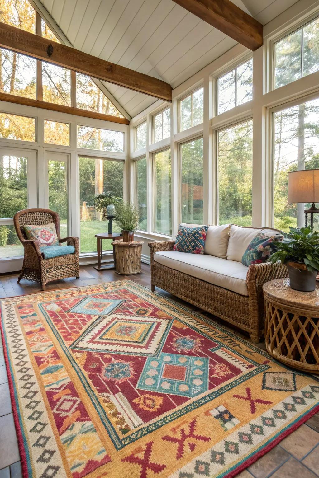 A designed carpet enhances the feel and style of the sunroom.
