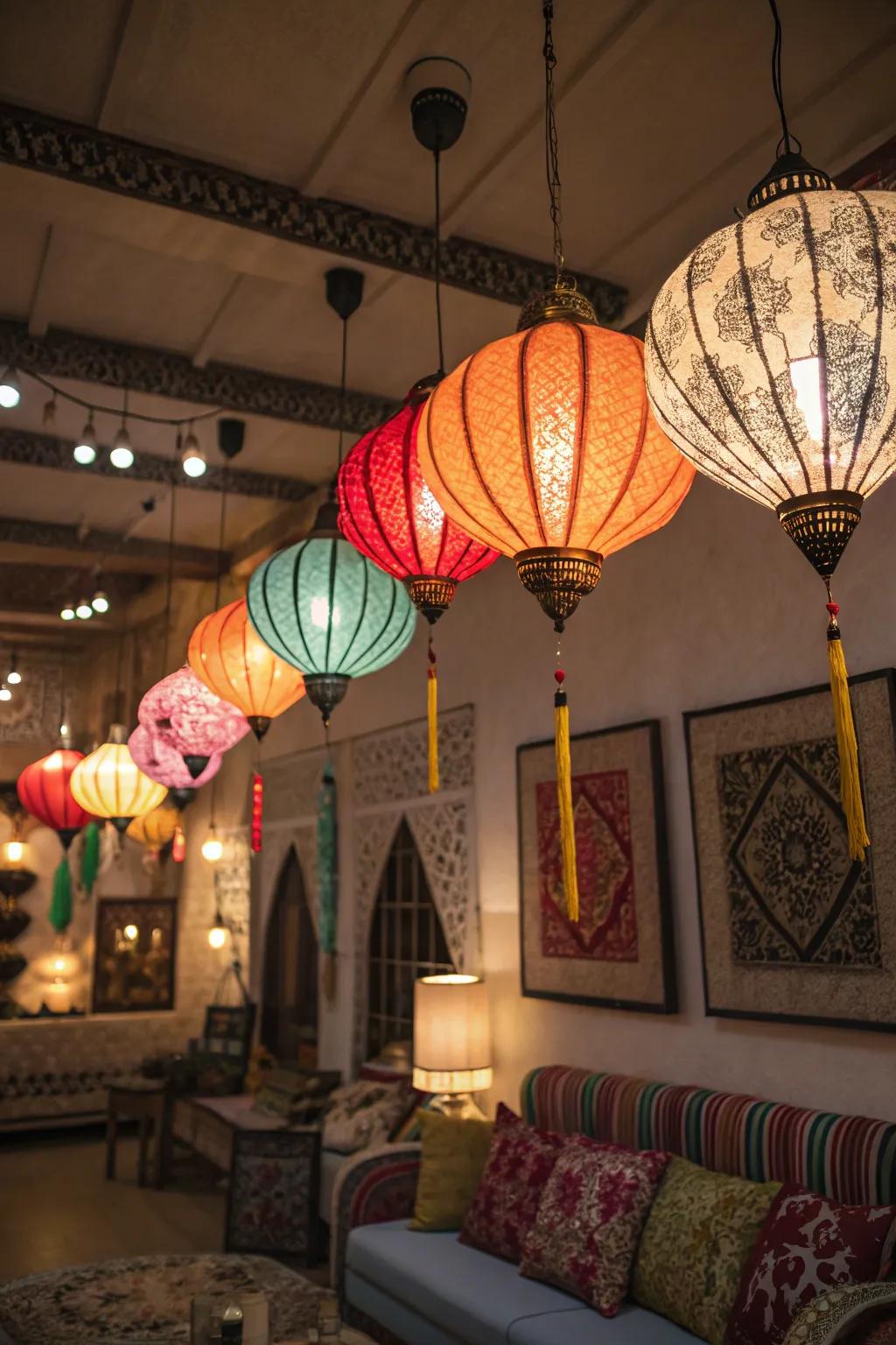 Quirky lighting fixtures fashion a playful and energetic environment.