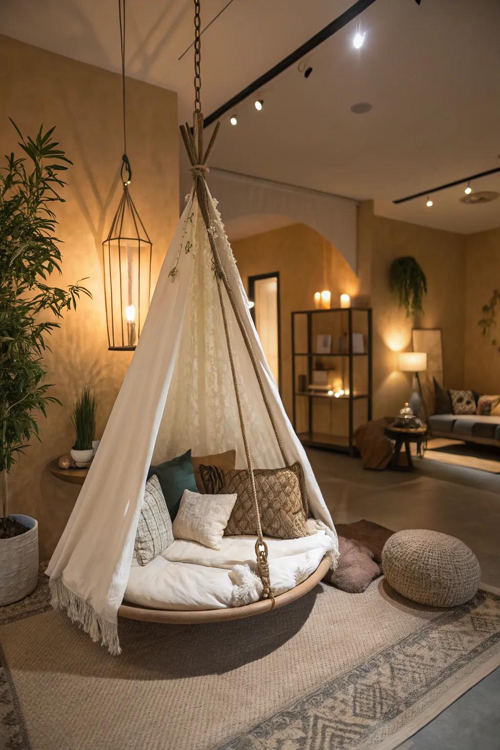 A fabric shelter swing provides a unique and relaxing retreat in your home.