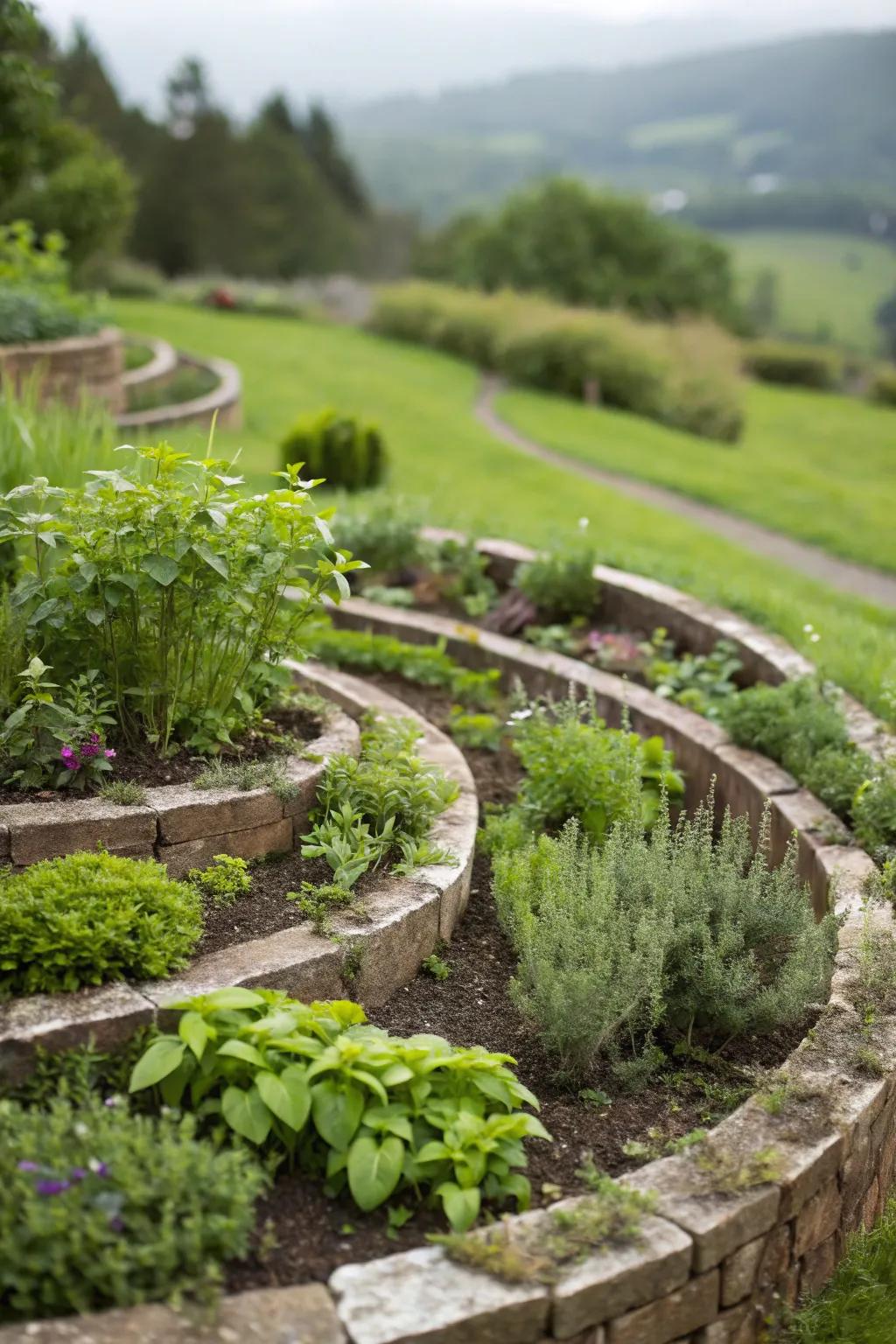 Herb spiral offering a special and efficient way to grow your tea plants.
