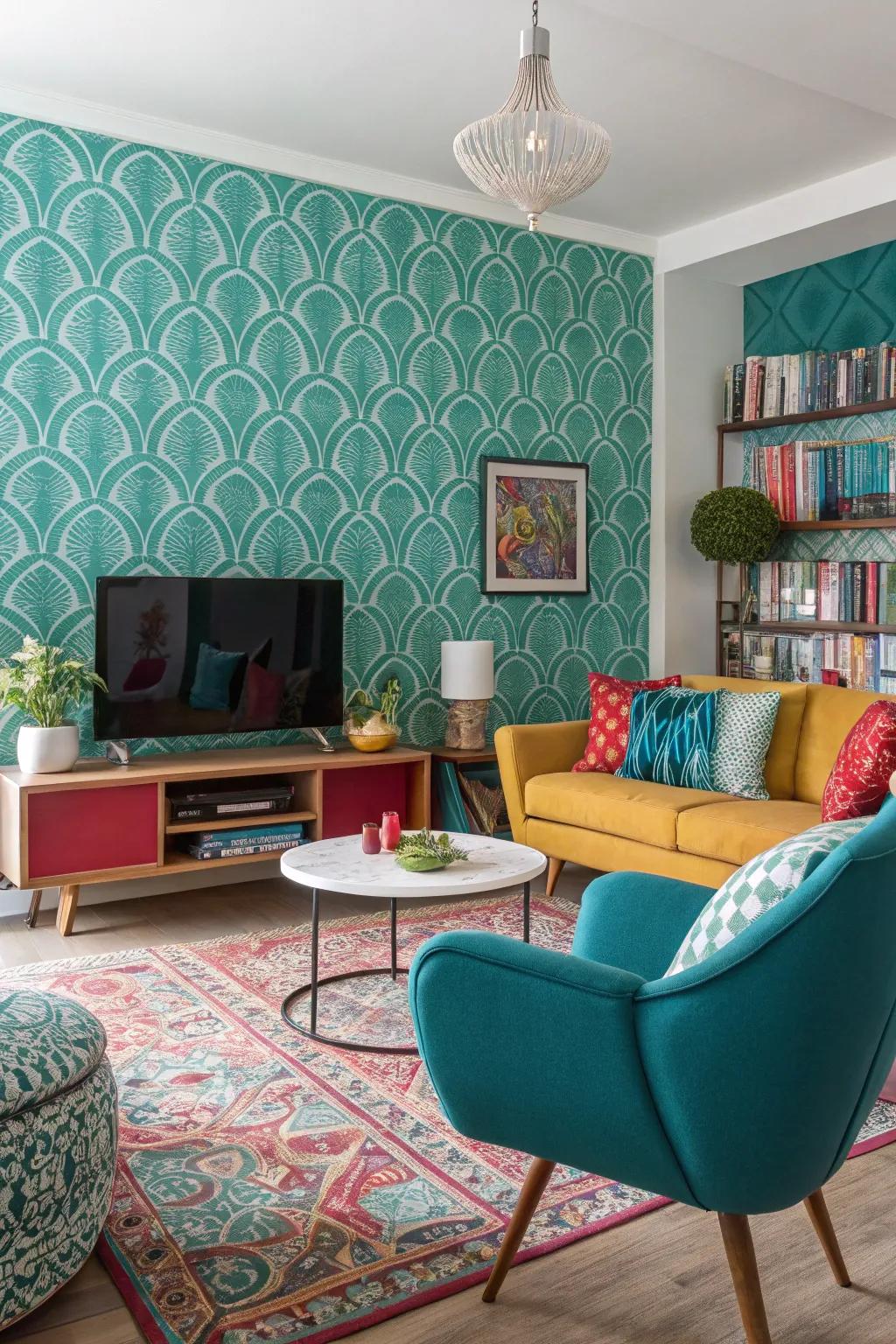 This vibrant room gains character and depth from the patterned teal wallpaper.