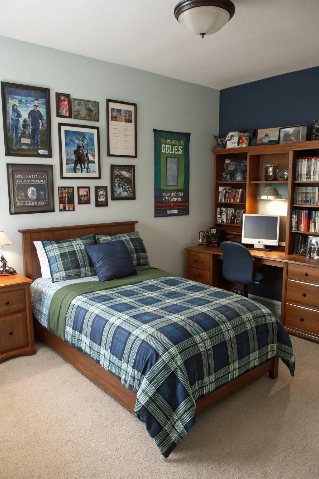 Matching plaid bedding gives a put-together look in this teen boy's room.