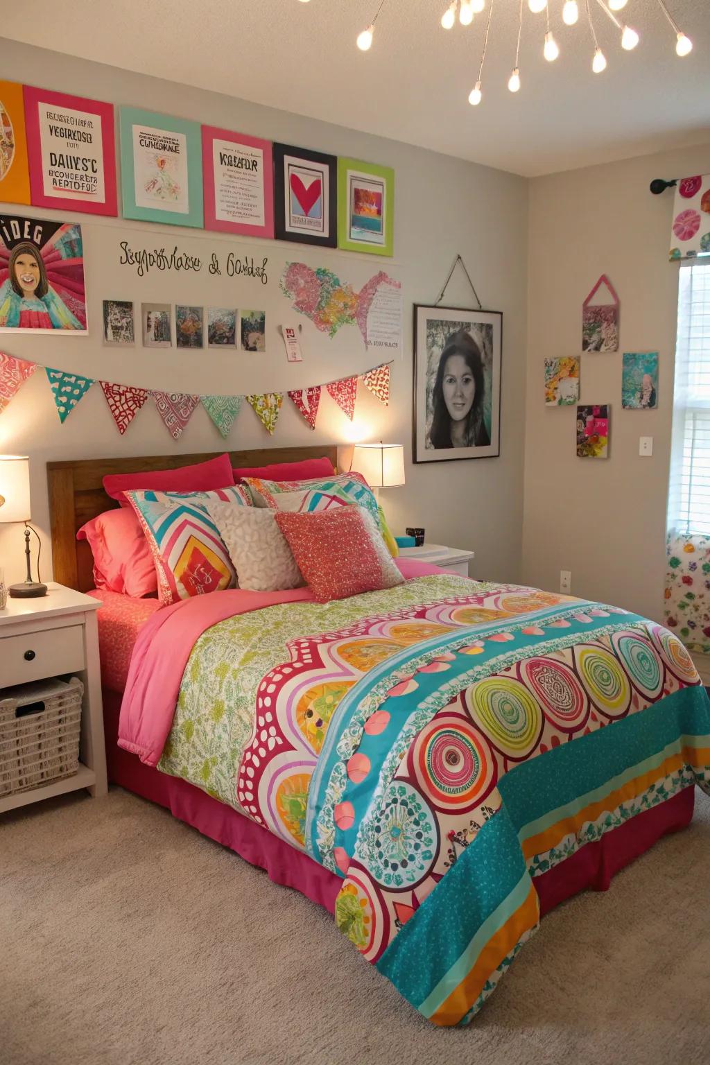 Colorful bedding contributes energy and showcases personal style in a teen girl's room.