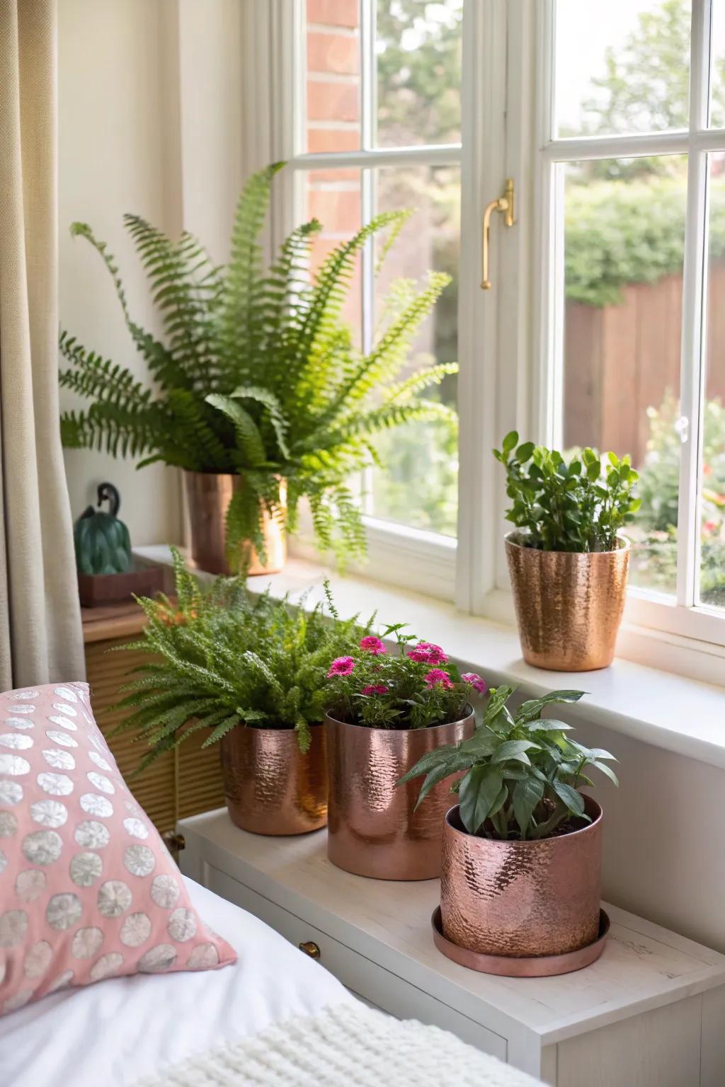 Plants in rose gold containers provide a stimulating and stylish feature.