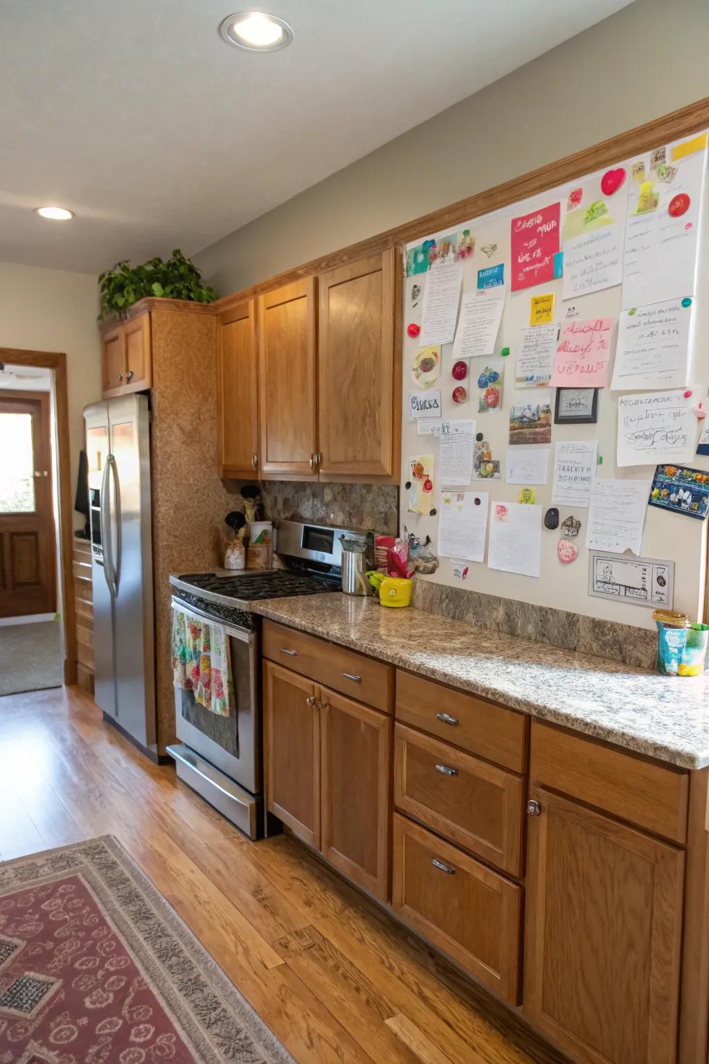 A magnetic wall in the kitchen offers a playful and practical space.