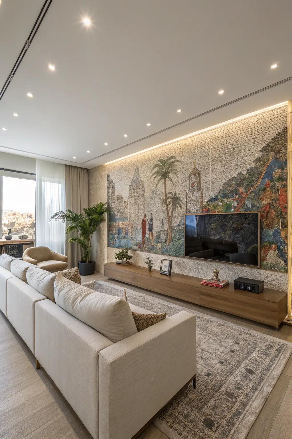 This modern living room has a striking textured wall mural.