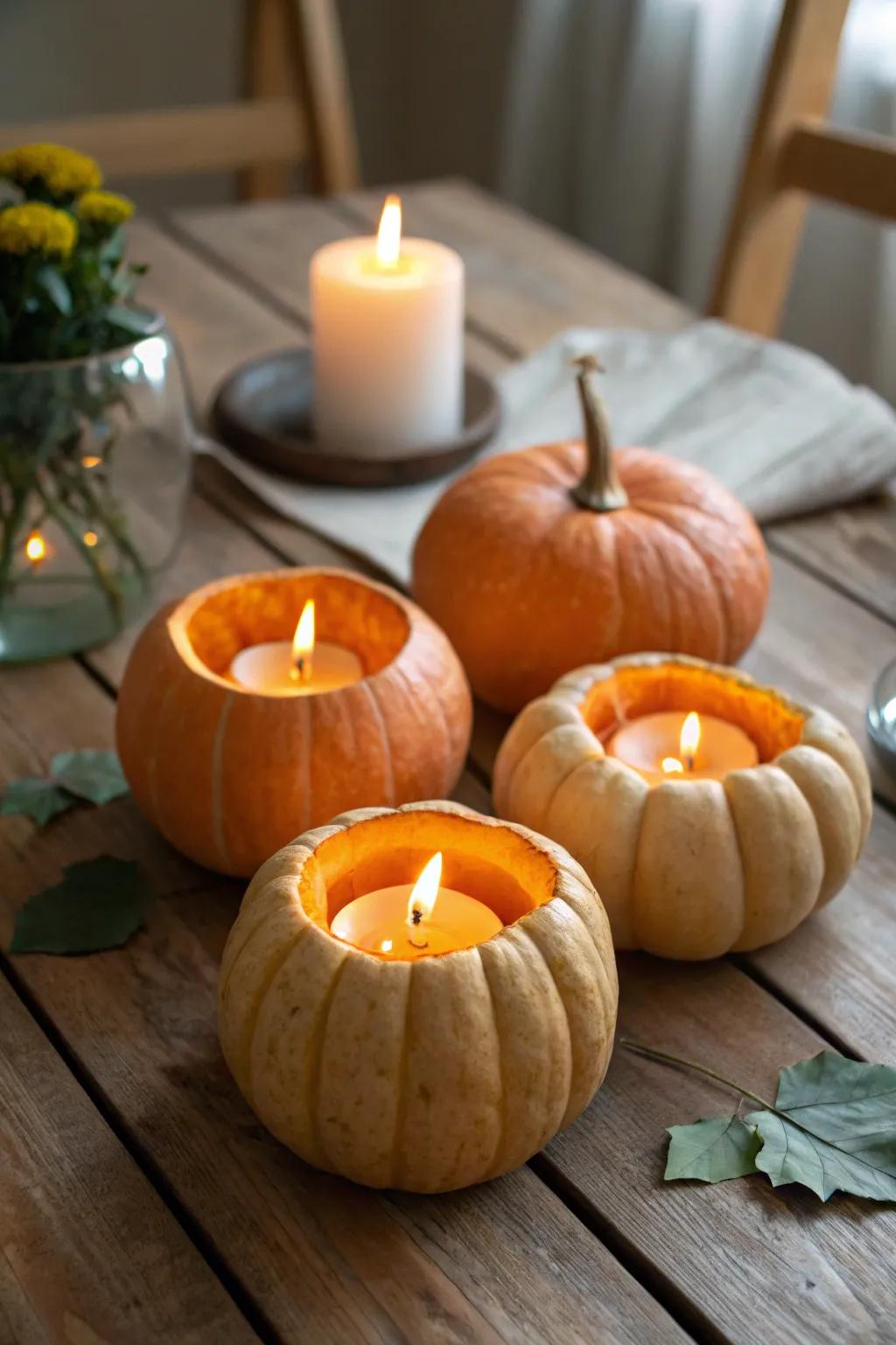 Inviting pumpkin light holders incorporating a cozy ambiance.