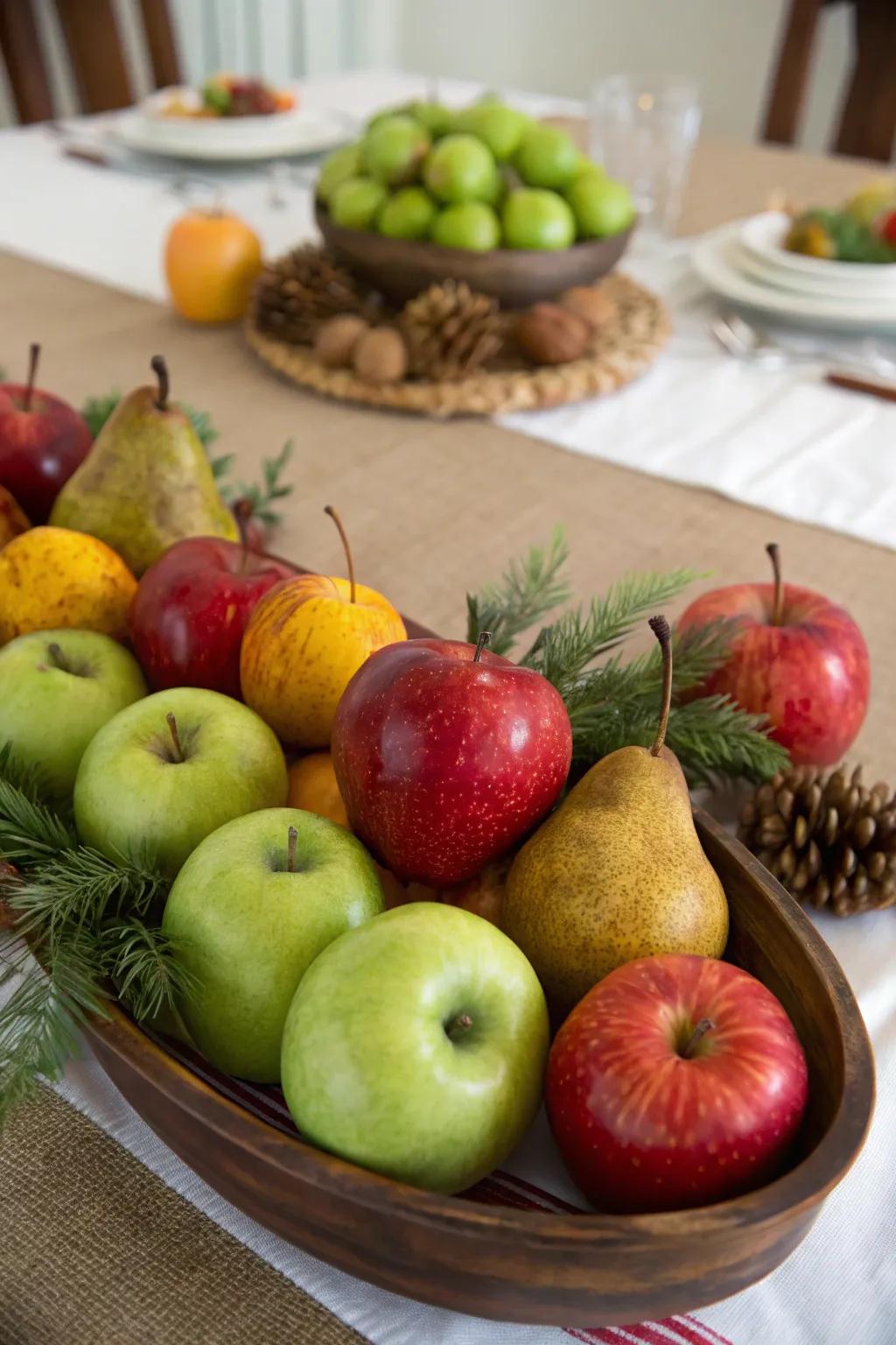 The table is given a splash of color and a hint of nature by seasonal fruits.